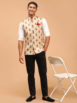 VASTRAMAY Men's Beige Rose Print Matka Silk Nehru Jacket