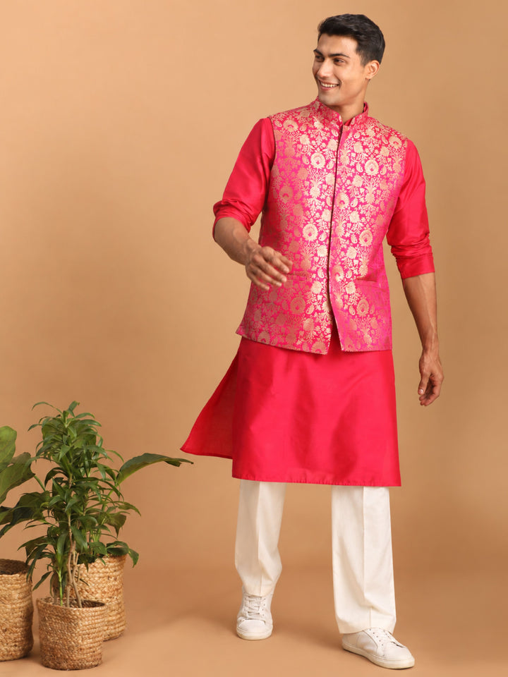 Men Pink Silk Blend Nehru Jacket and Kurta with Pant Party, Festive, Tailored Fit Treasures, All regions, Wedding Ethnic Wear