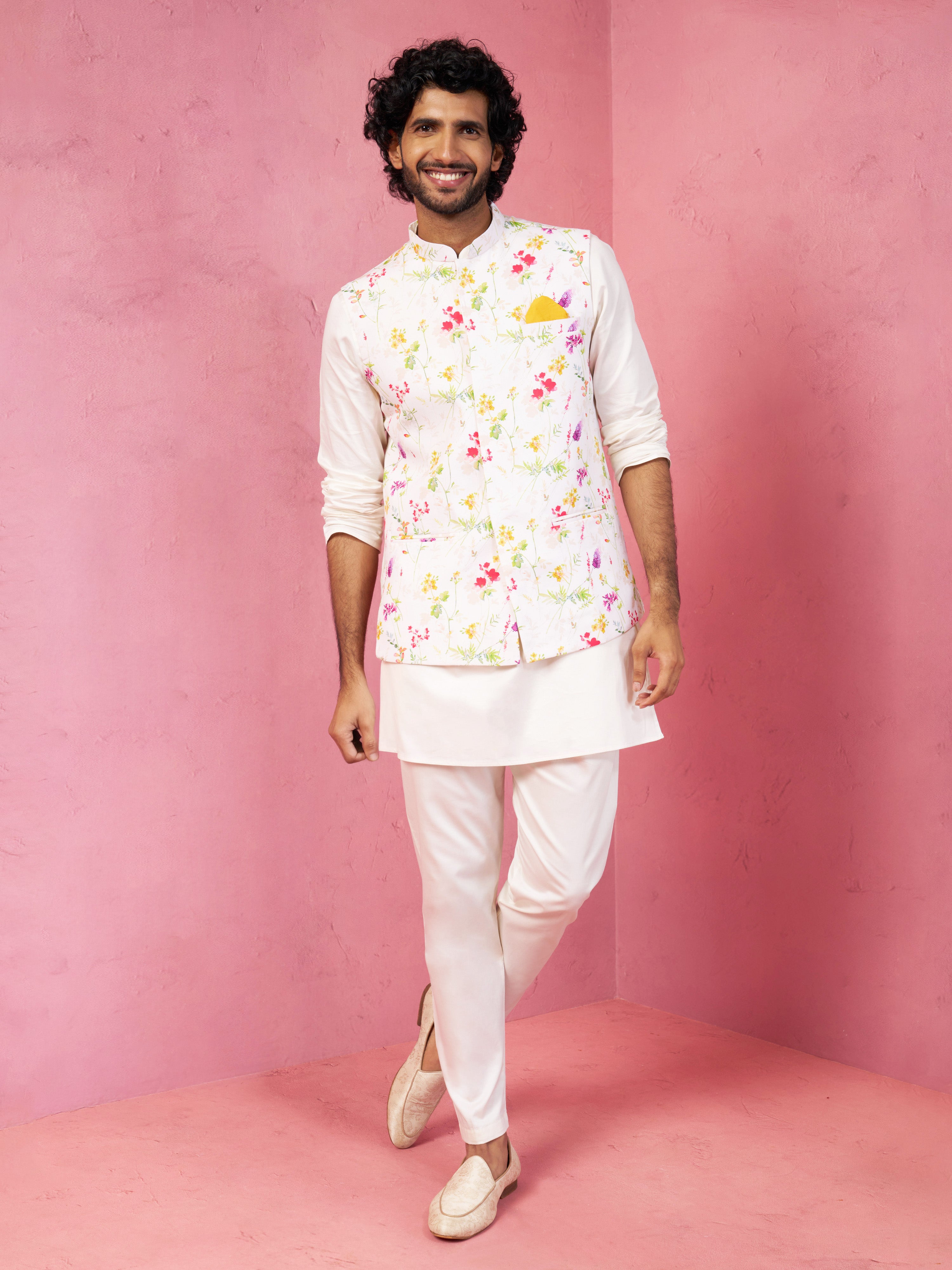 Men's Cream Silk Blend Nehru Jacket Kurta Pyjama Set