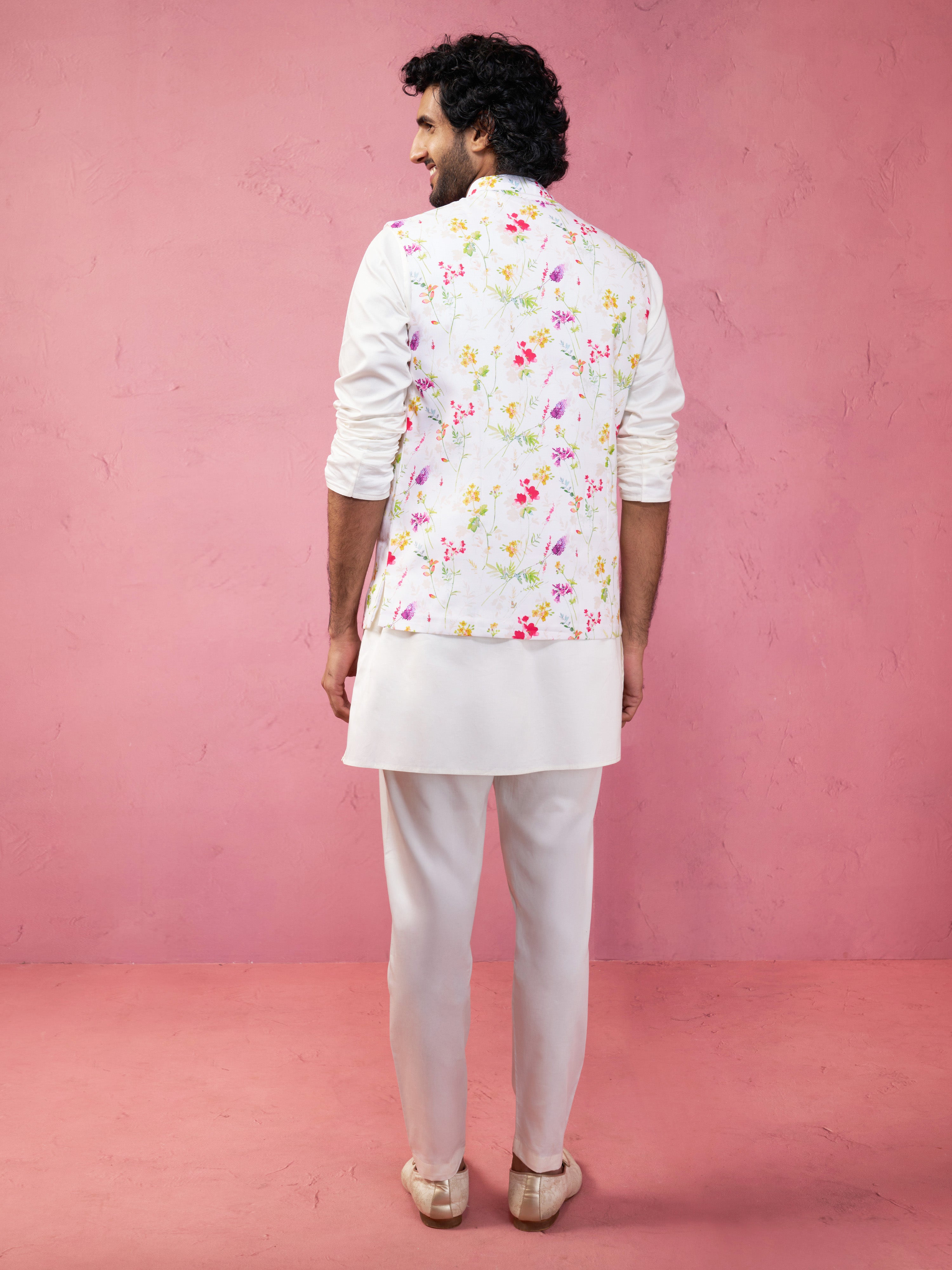 Men's Cream Silk Blend Nehru Jacket Kurta Pyjama Set