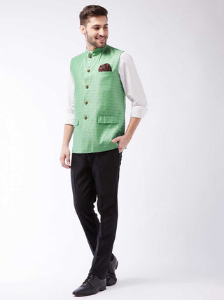 VASTRAMAY Men's Green Jacquard Nehru Jacket