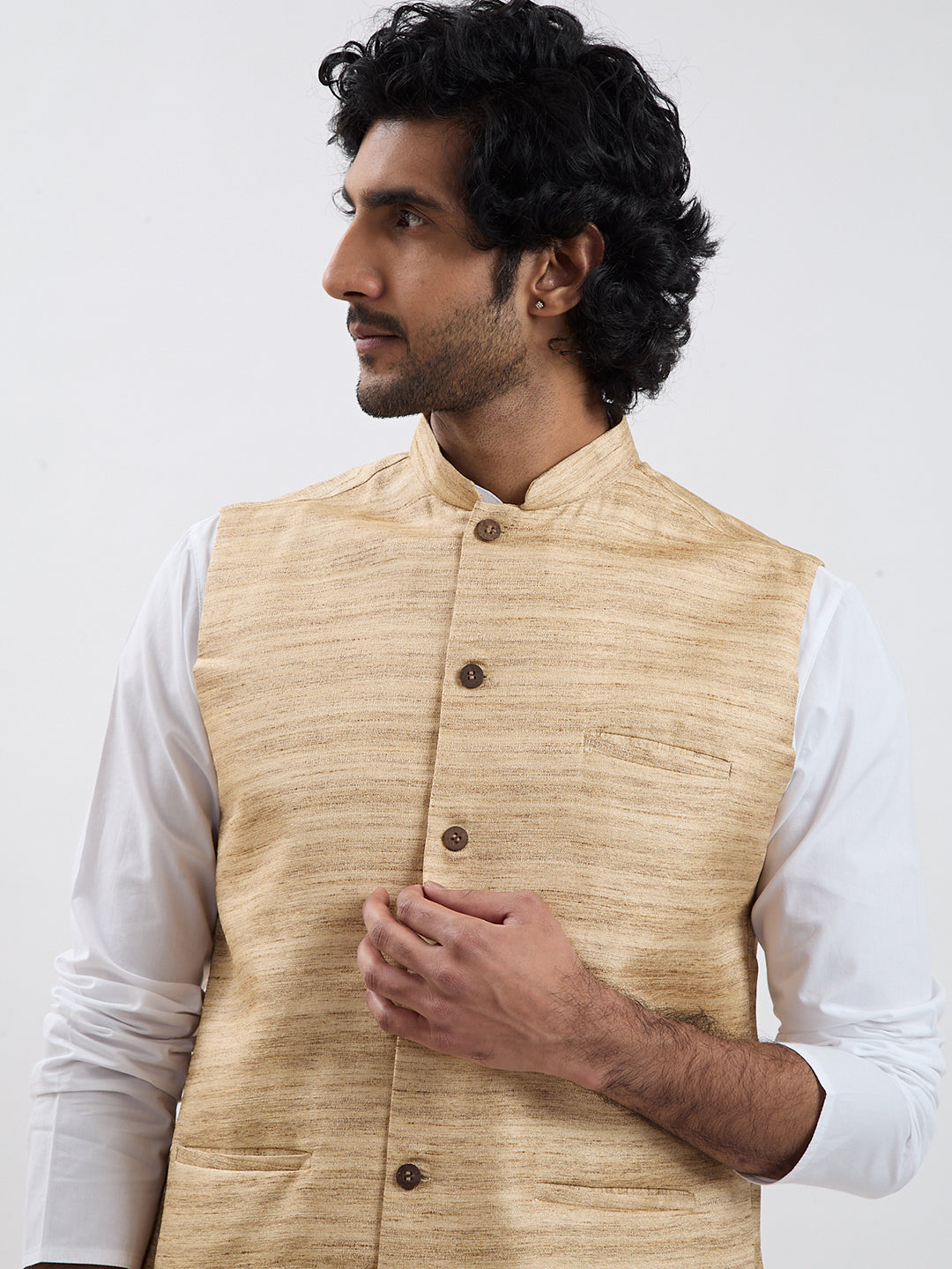 Men's Beige And White Cotton Blend Jacket, Kurta And Pyjama Set