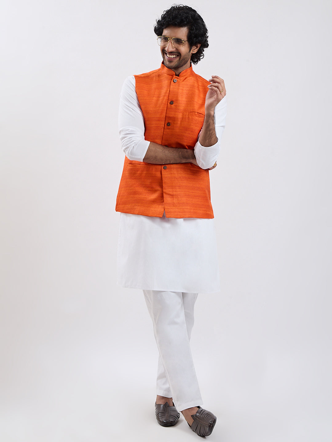 Men's Orange And White Cotton Blend Jacket, Kurta And Pyjama Set