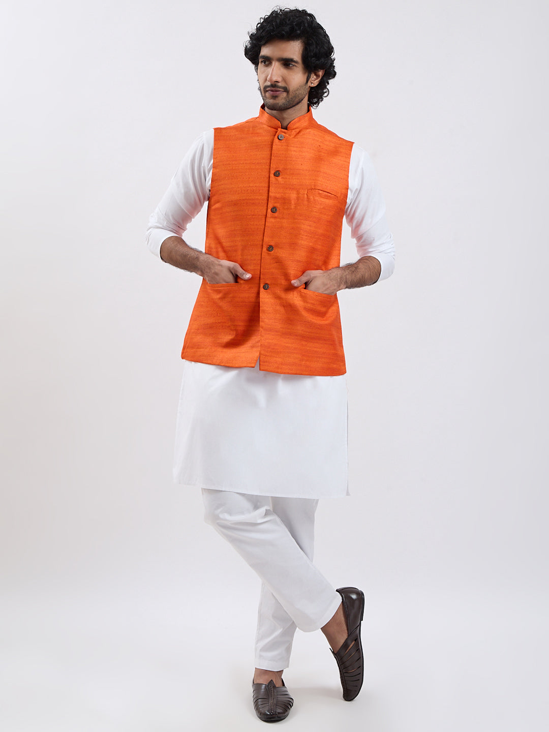 Men's Orange And White Cotton Blend Jacket, Kurta And Pyjama Set