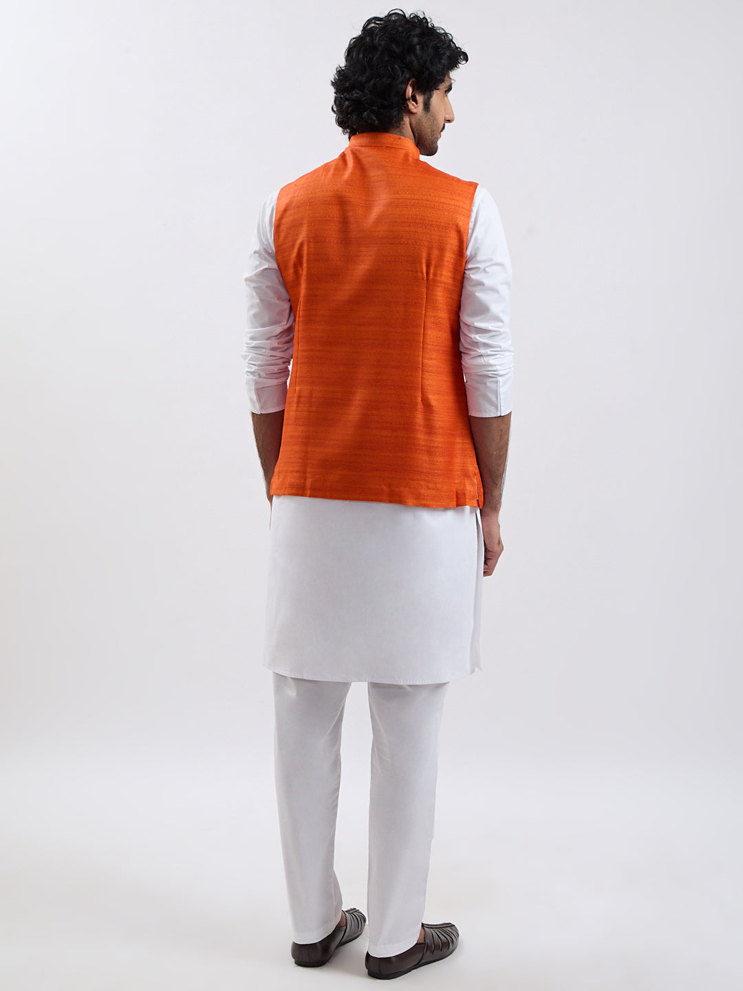 Men's Orange And White Cotton Blend Jacket, Kurta And Pyjama Set