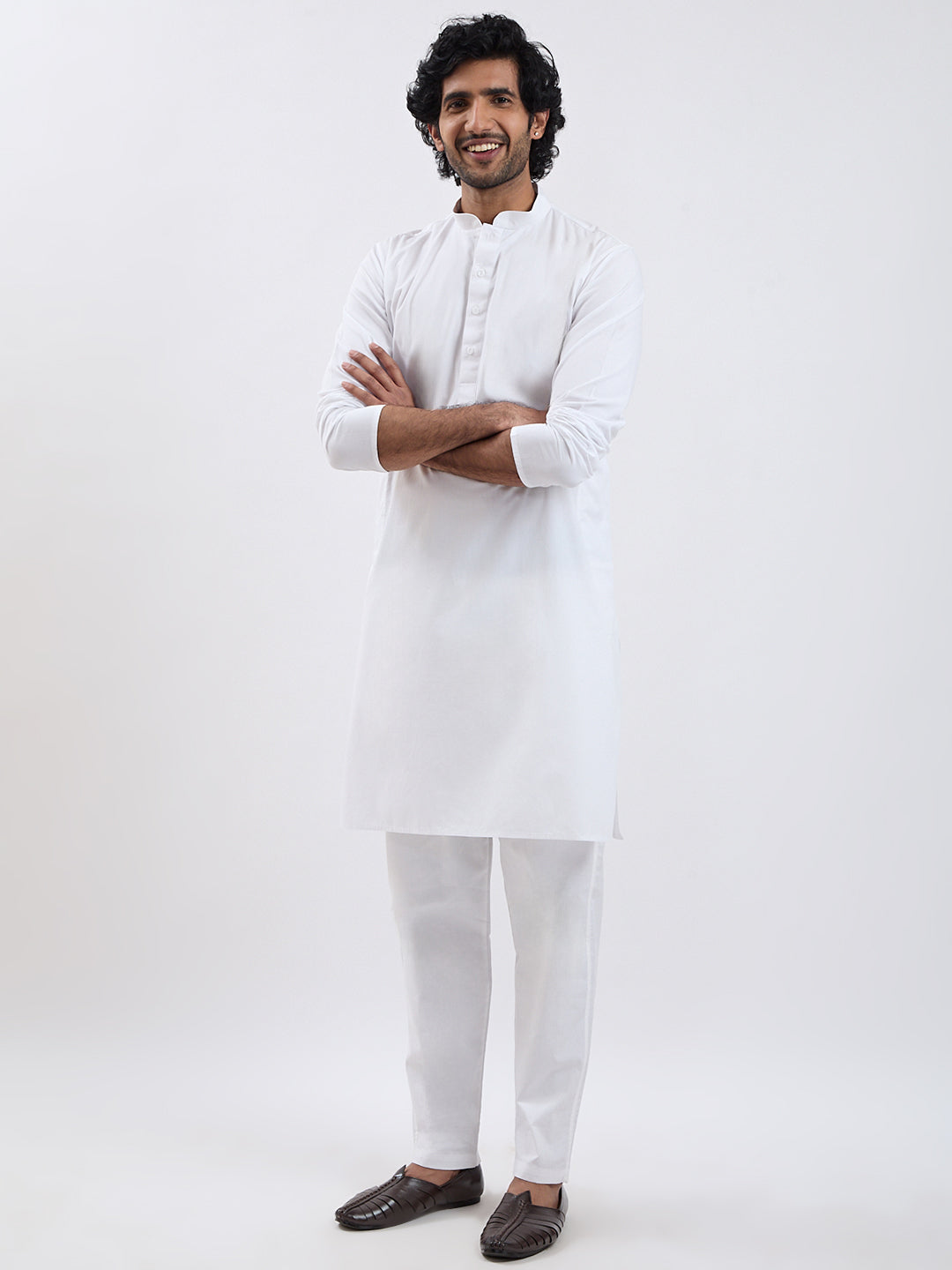 Men's Orange And White Cotton Blend Jacket, Kurta And Pyjama Set