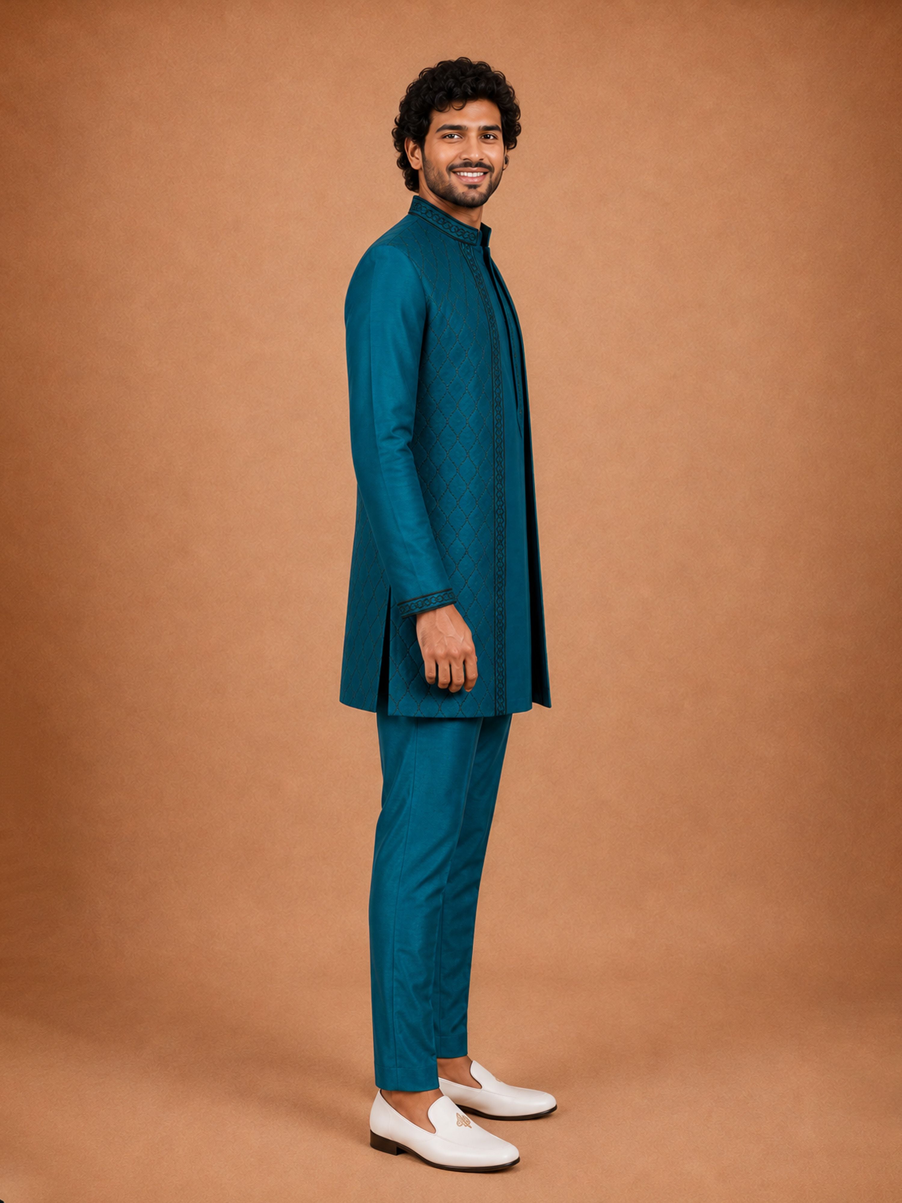 Men's Turquoise Silk-Blend Embroidered Thigh Length Nehru Jacket and Kurta with Pyjama