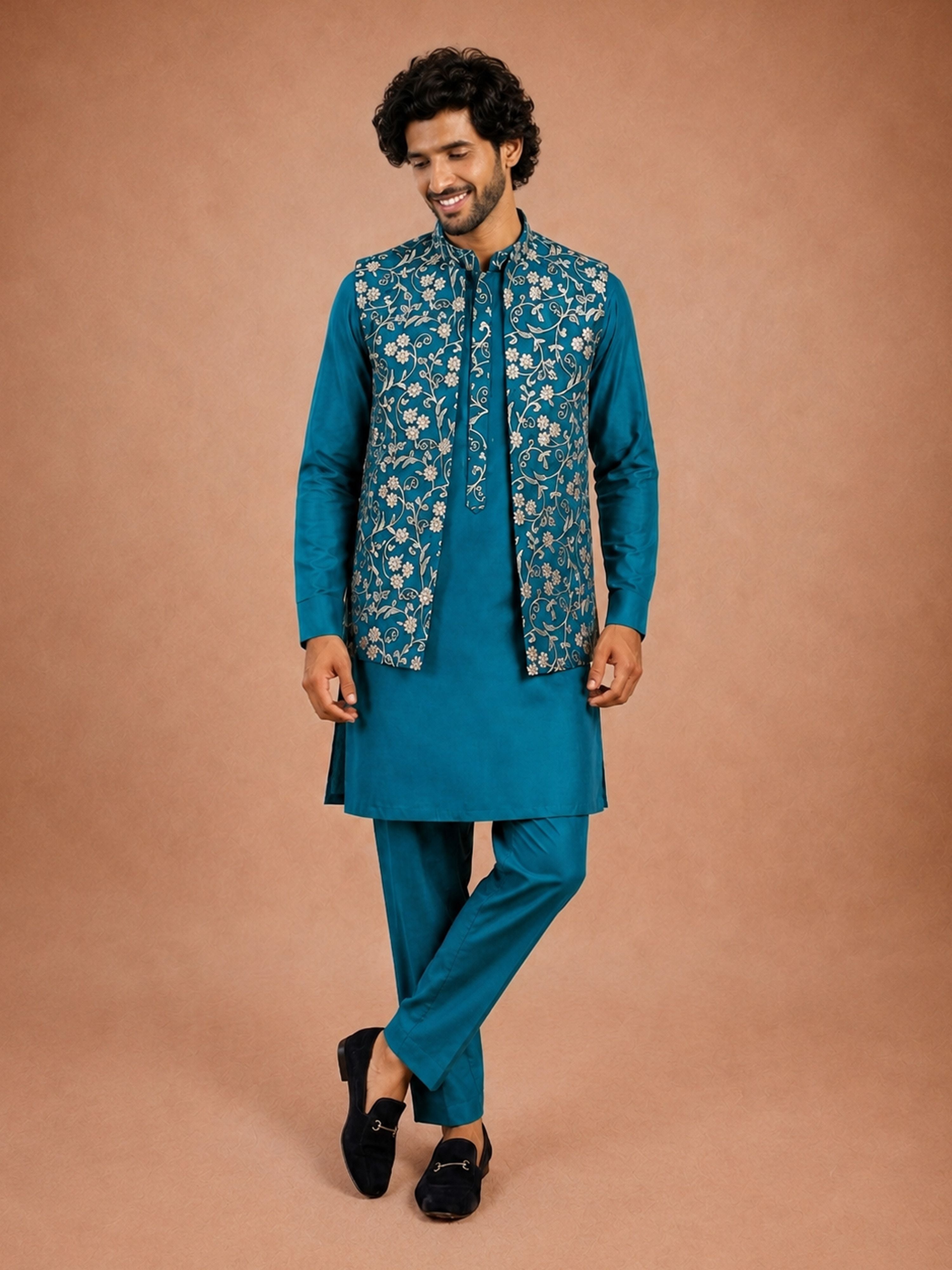 Men Turquoise Silk Blend Nehru Jacket and Kurta with Pyjama Diwali, Festive, Navratri, Party, Wedding, All regions Ethnic Wear