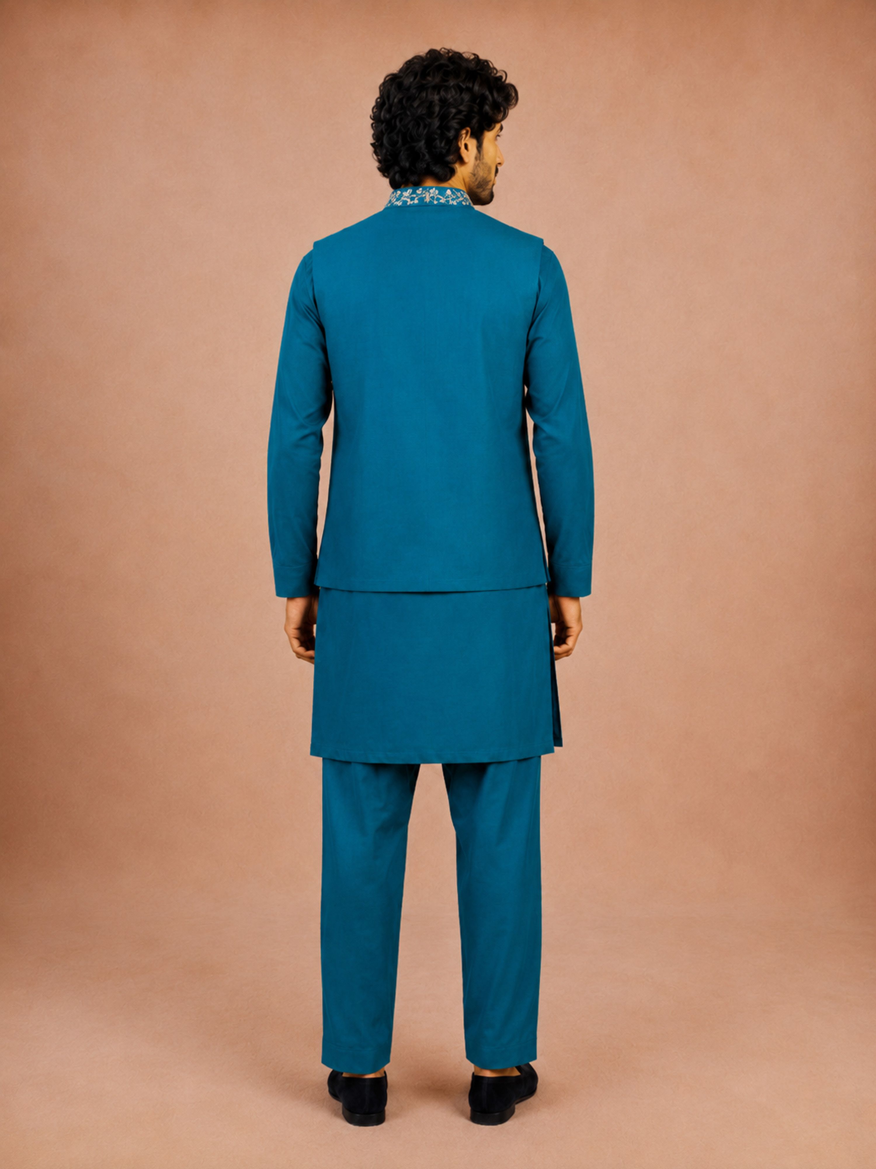 Men's Turquoise Silk-Blend Embroidered Waist Length Nehru Jacket and Kurta with Pyjama