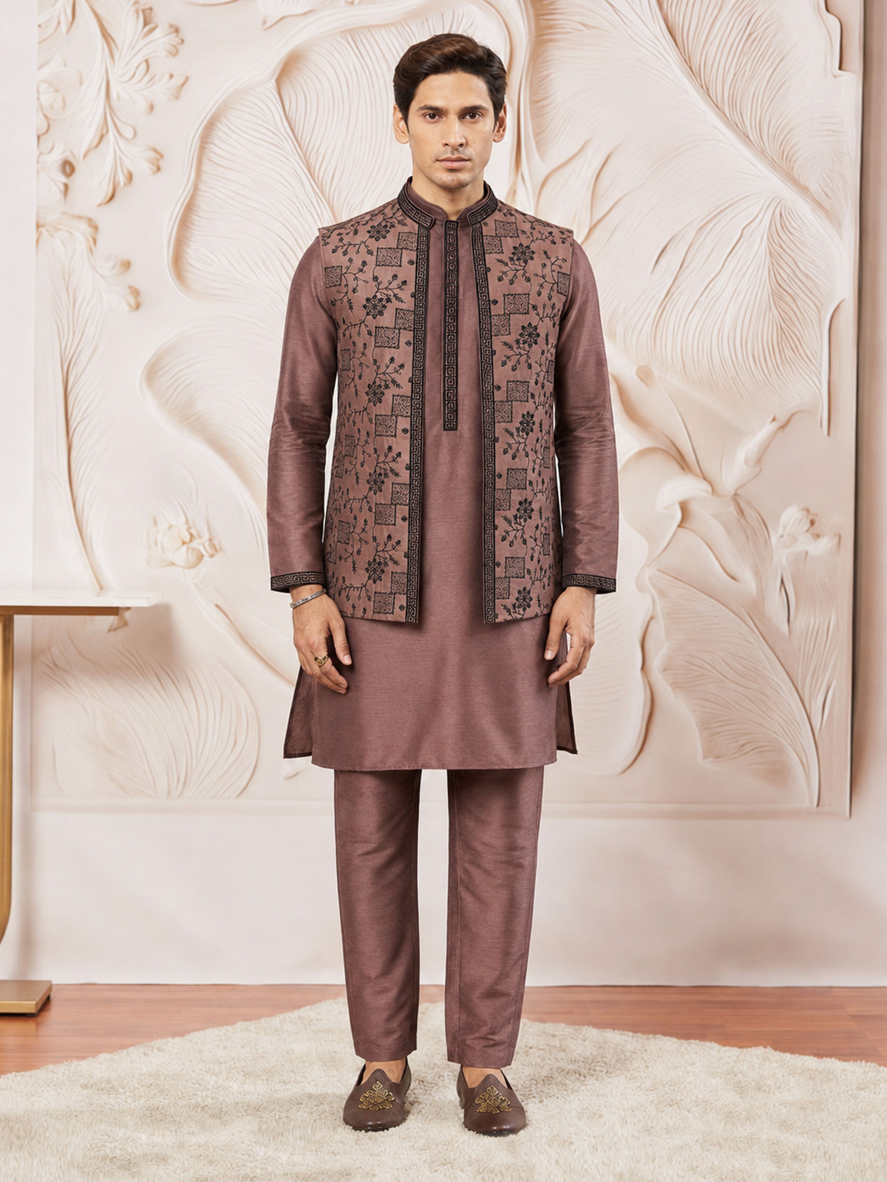 Men's Brown Silk-Blend Embroidered Waist Length Nehru Jacket and Kurta with Pyjama