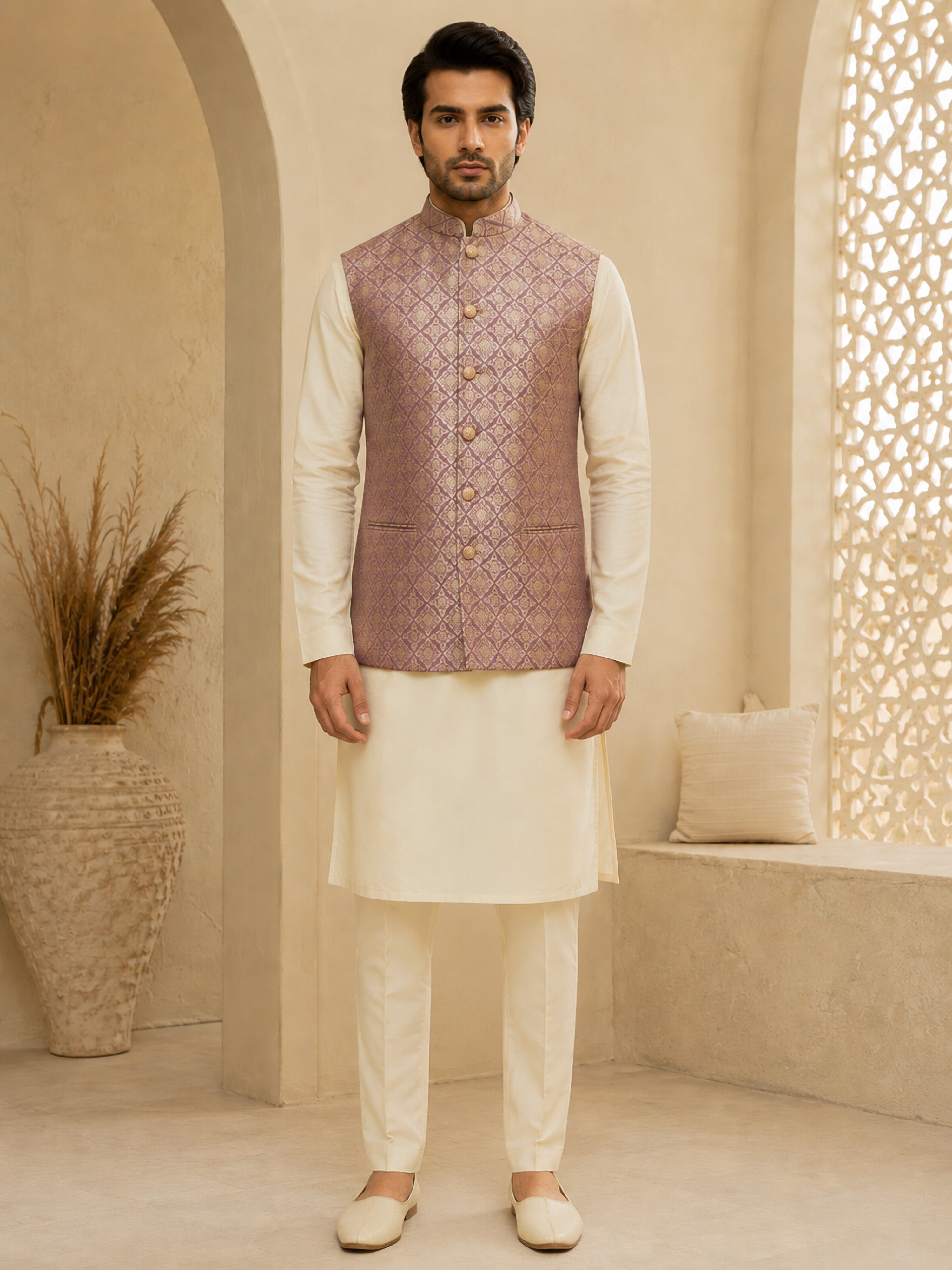 Vastramay Men Purple Jacquard Nehru Jacket with Cream Kurta & Pyjama Set
