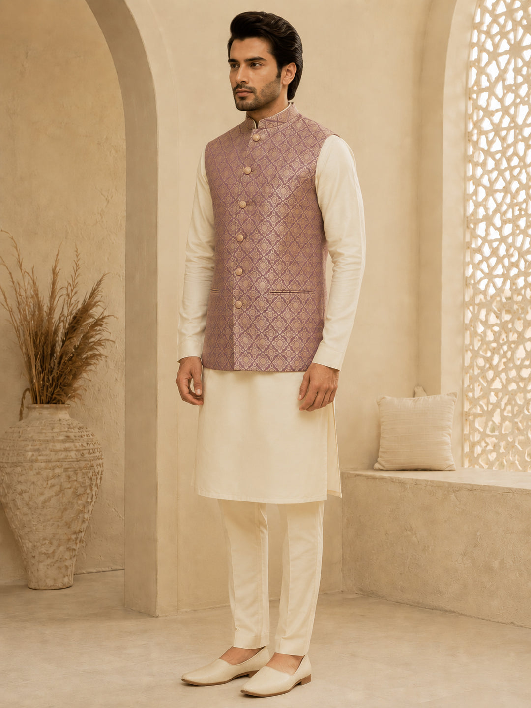 Vastramay Men Purple Jacquard Nehru Jacket with Cream Kurta &amp; Pyjama Set
