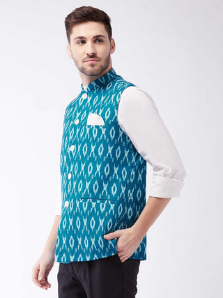VASTRAMAY Men's Turquoise Cotton Nehru Jacket