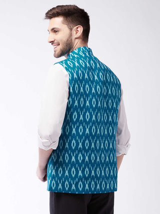 VASTRAMAY Men's Turquoise Cotton Nehru Jacket