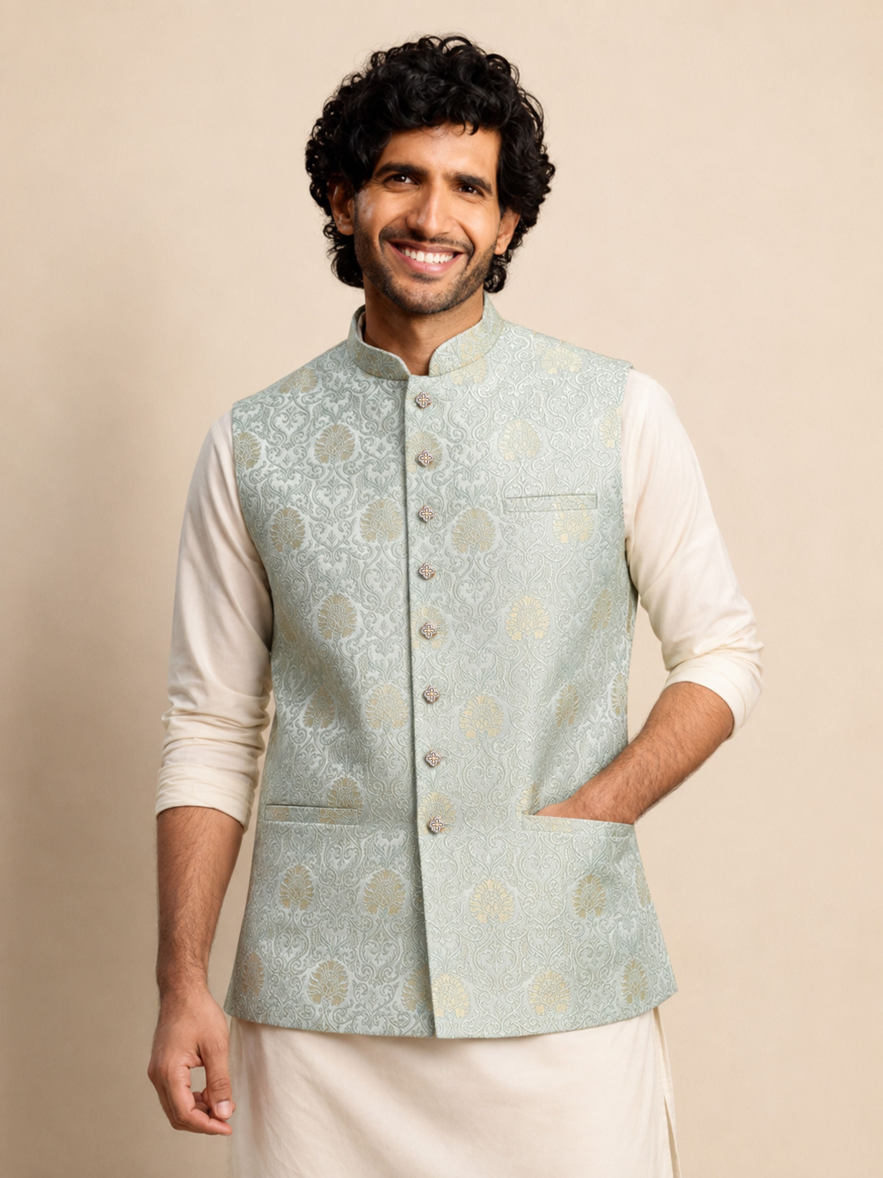 Men Aqua Silk Blend Nehru Jacket Navratri, Diwali, All regions, Festive, Durga Puja Ethnic Wear