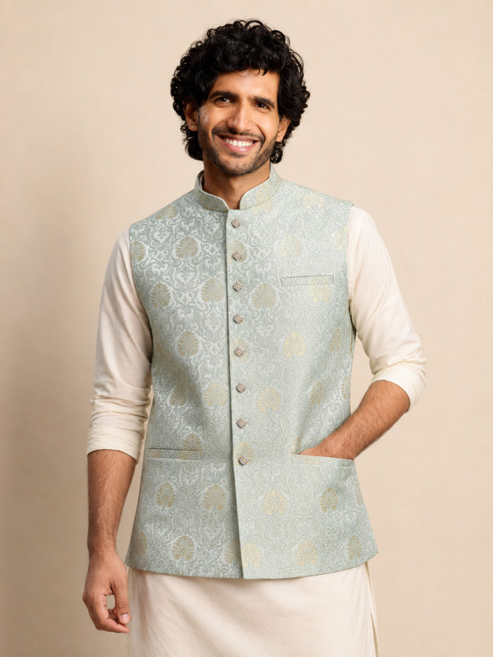 Men Aqua Silk Blend Nehru Jacket Navratri, Diwali, All regions, Festive, Durga Puja Ethnic Wear