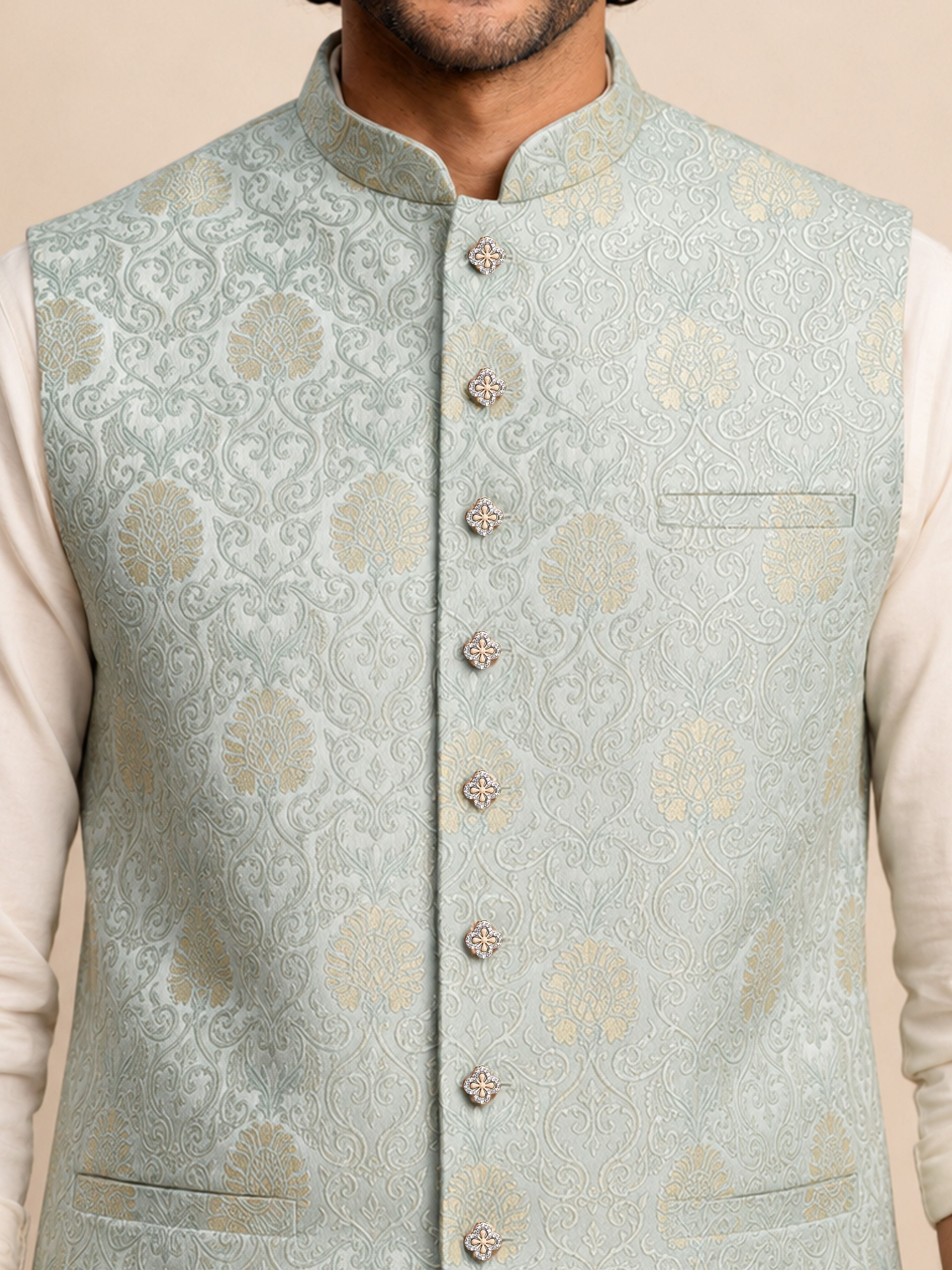 Men's Aqua Silk-Blend Self Design Waist Length Nehru Jacket