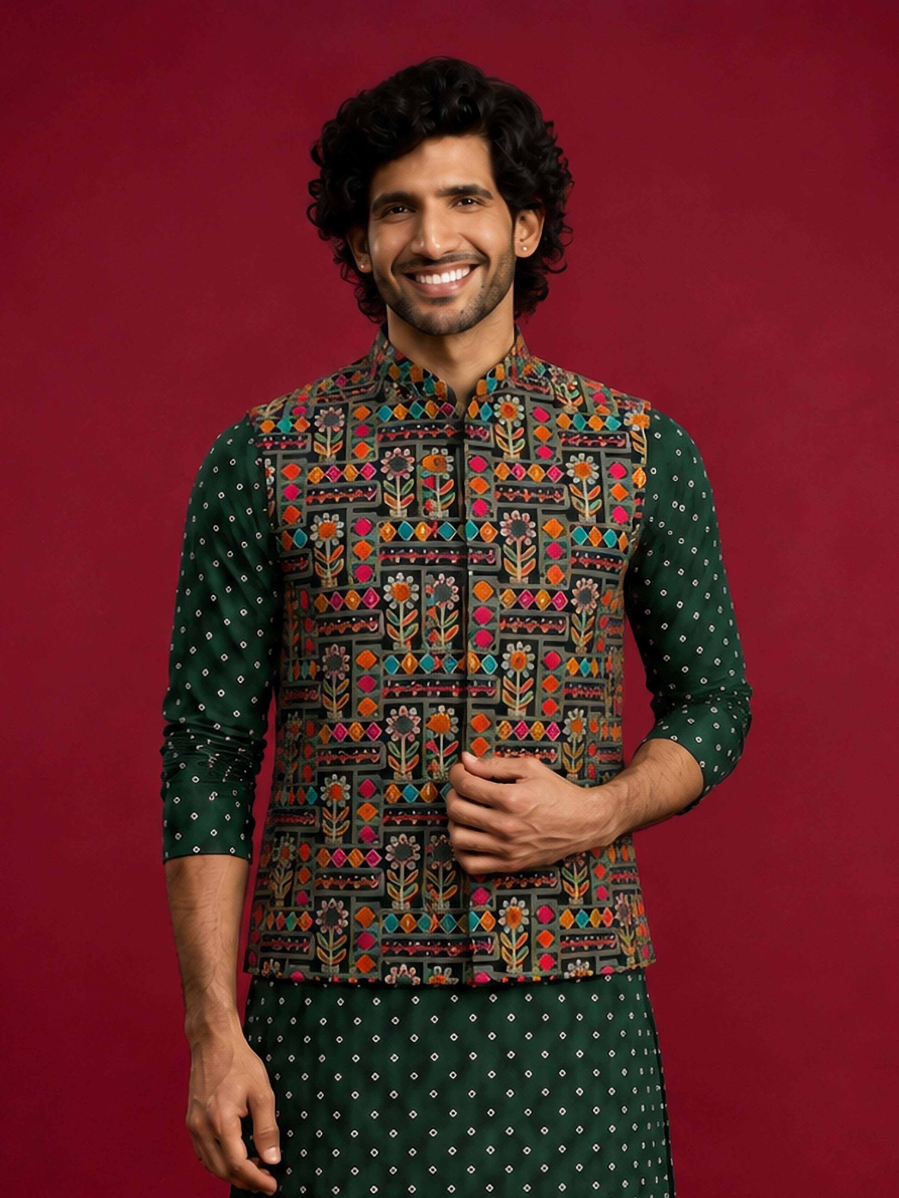 Men Black Silk Blend Nehru Jacket Navratri, Diwali, Party, Wedding, Festive Ethnic Wear