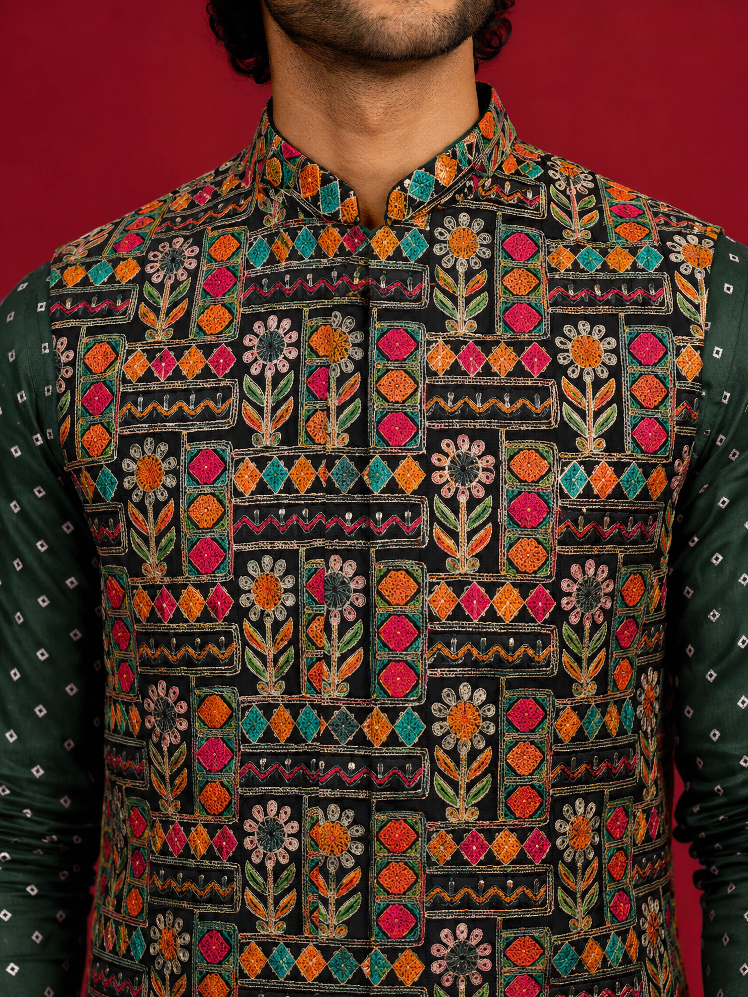 Men's Black Silk-Blend Embroidered Waist Length Nehru Jacket