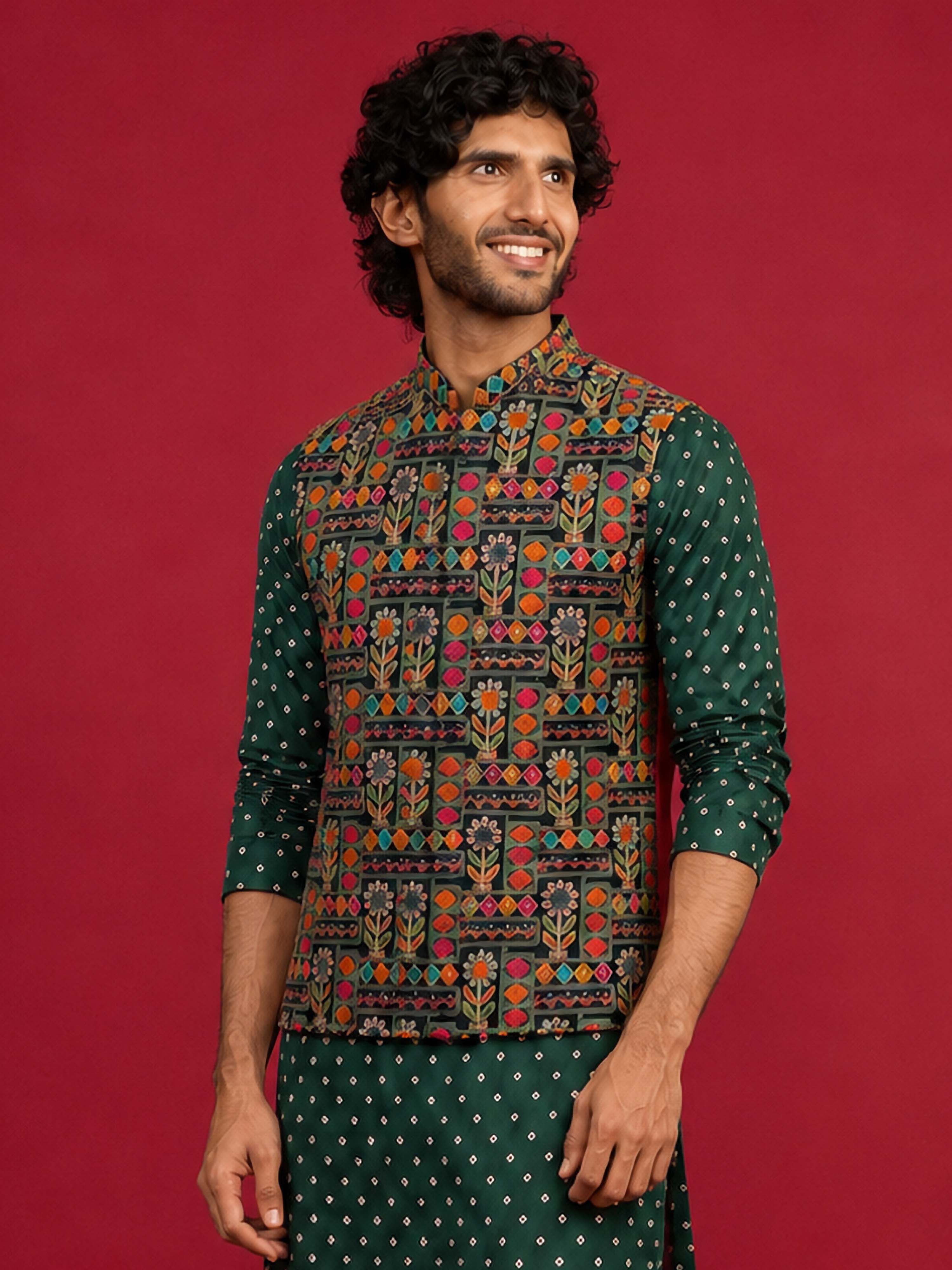 Men's Black Silk-Blend Embroidered Waist Length Nehru Jacket