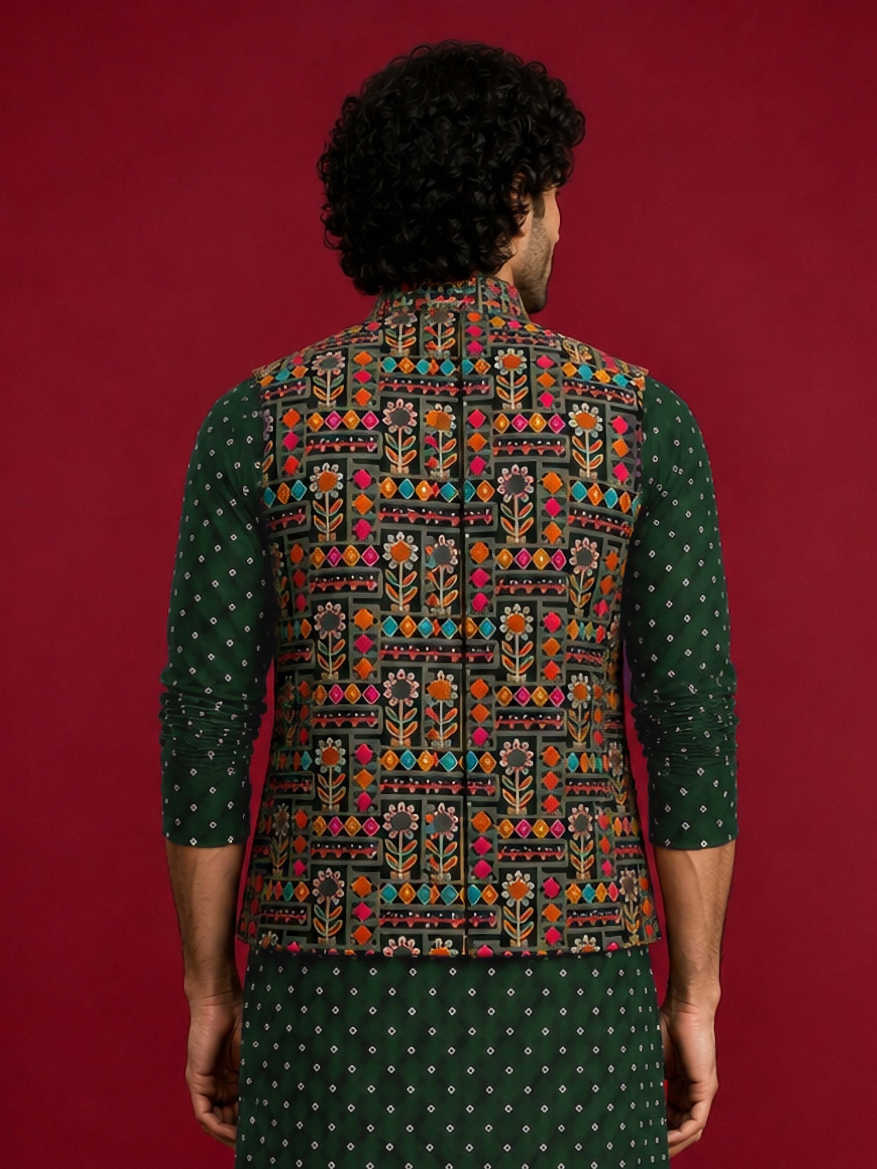 Men's Black Silk-Blend Embroidered Waist Length Nehru Jacket