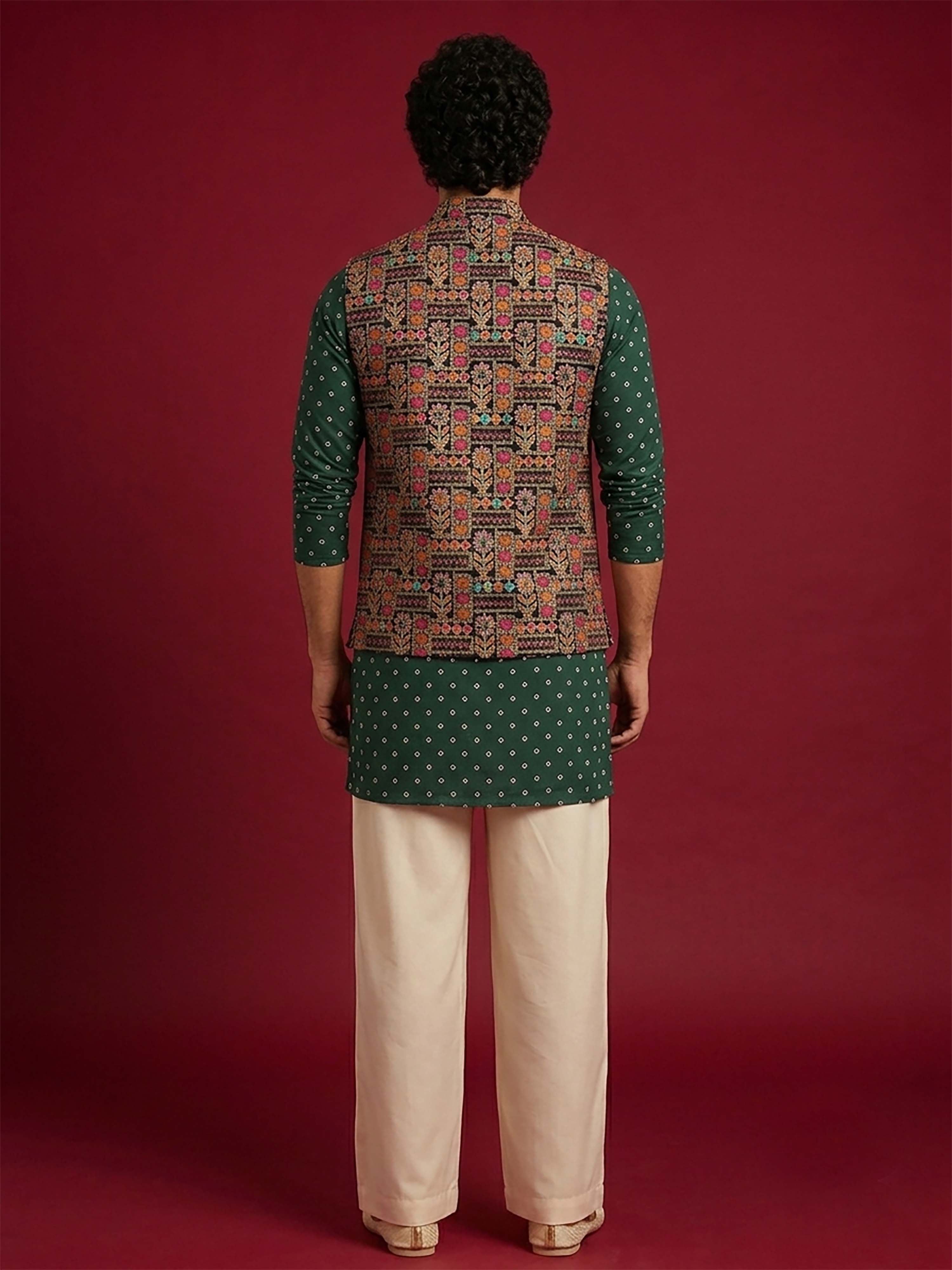 Men's Black Silk-Blend Embroidered Waist Length Nehru Jacket and Kurta with Pyjama