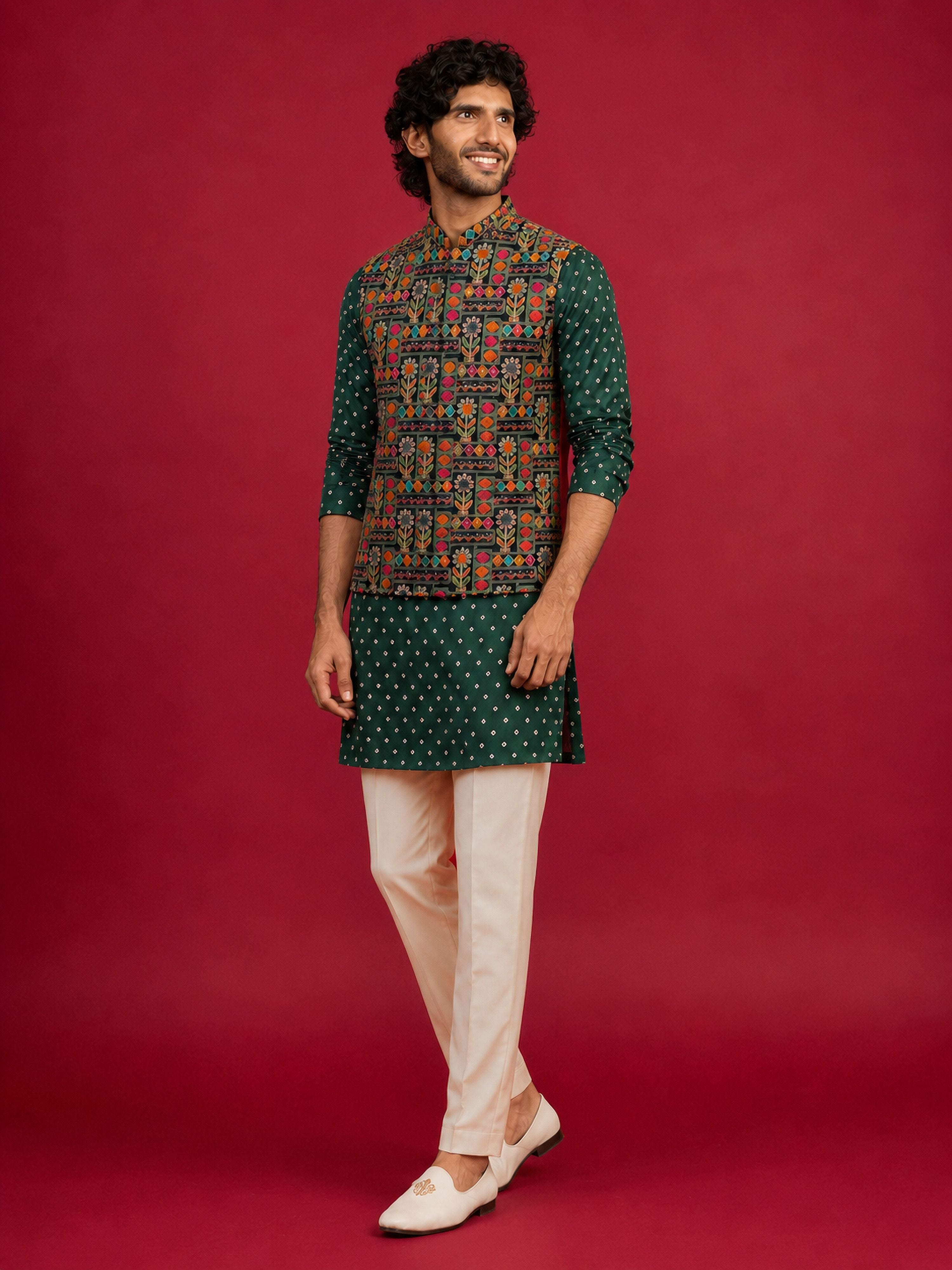 Men's Black Silk-Blend Embroidered Waist Length Nehru Jacket and Kurta with Pyjama
