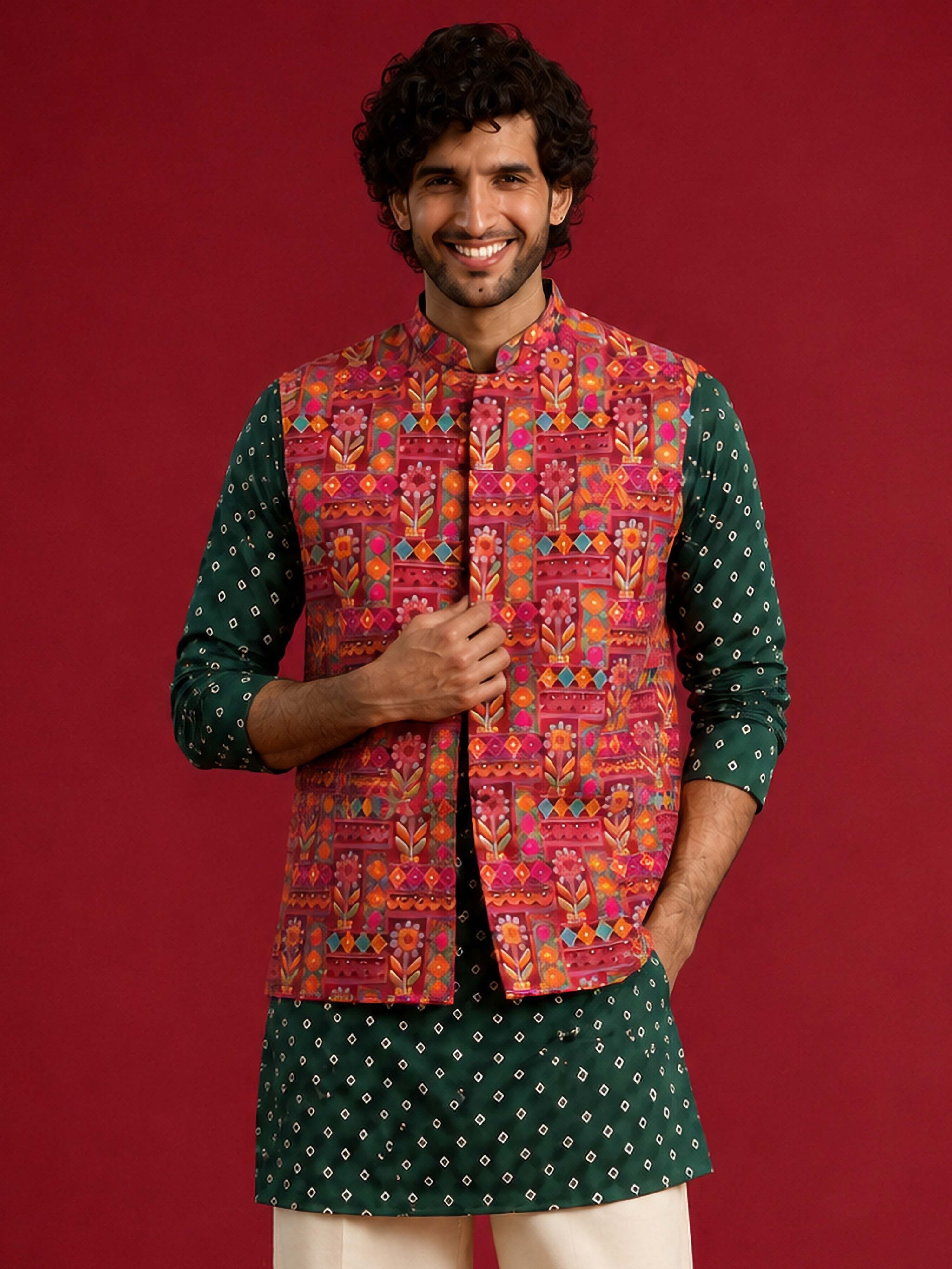 Men Red Silk Blend Nehru Jacket Navratri, Diwali, Party, Wedding, Festive Ethnic Wear