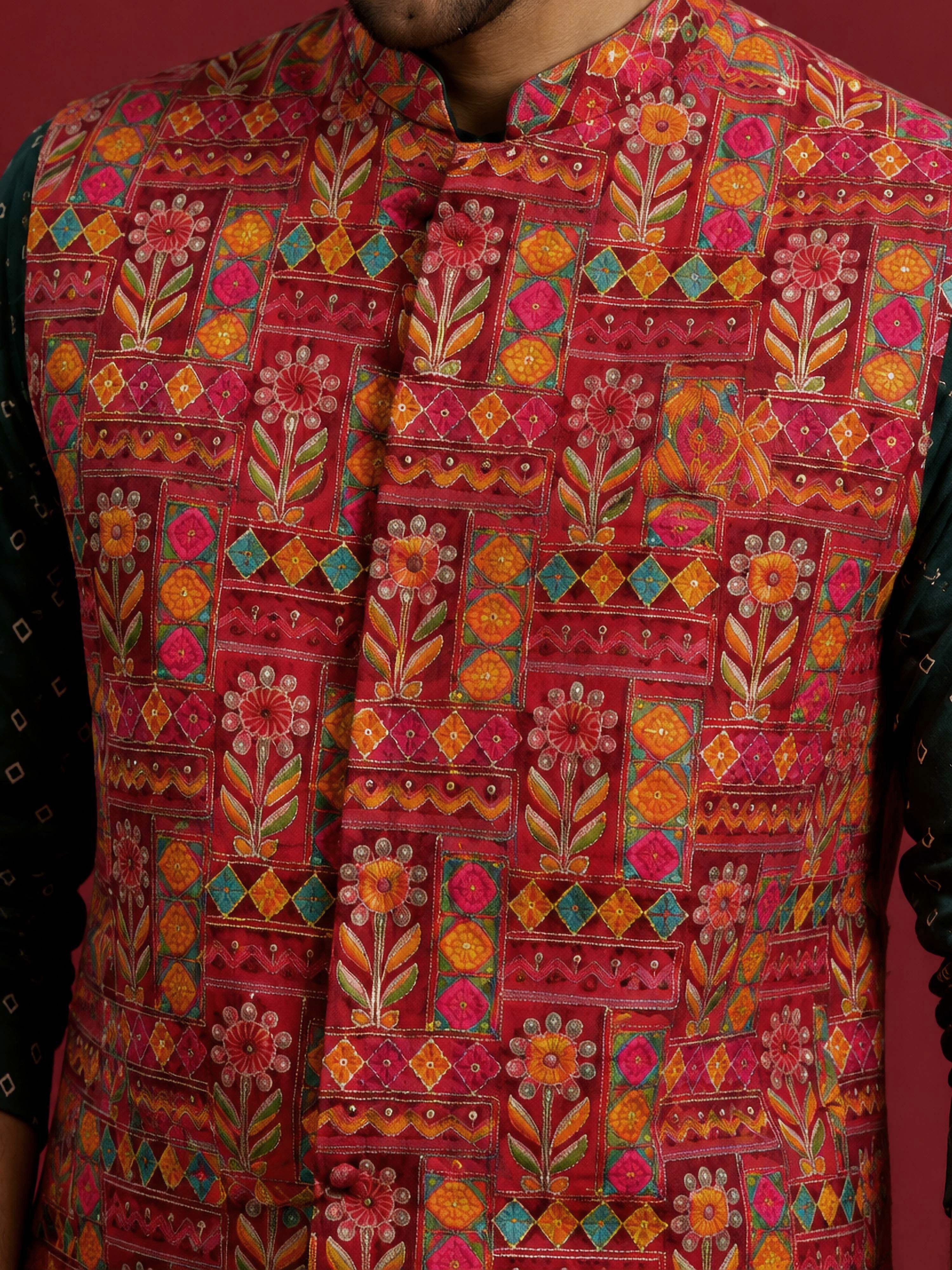 Men's Red Silk-Blend Embroidered Waist Length Nehru Jacket