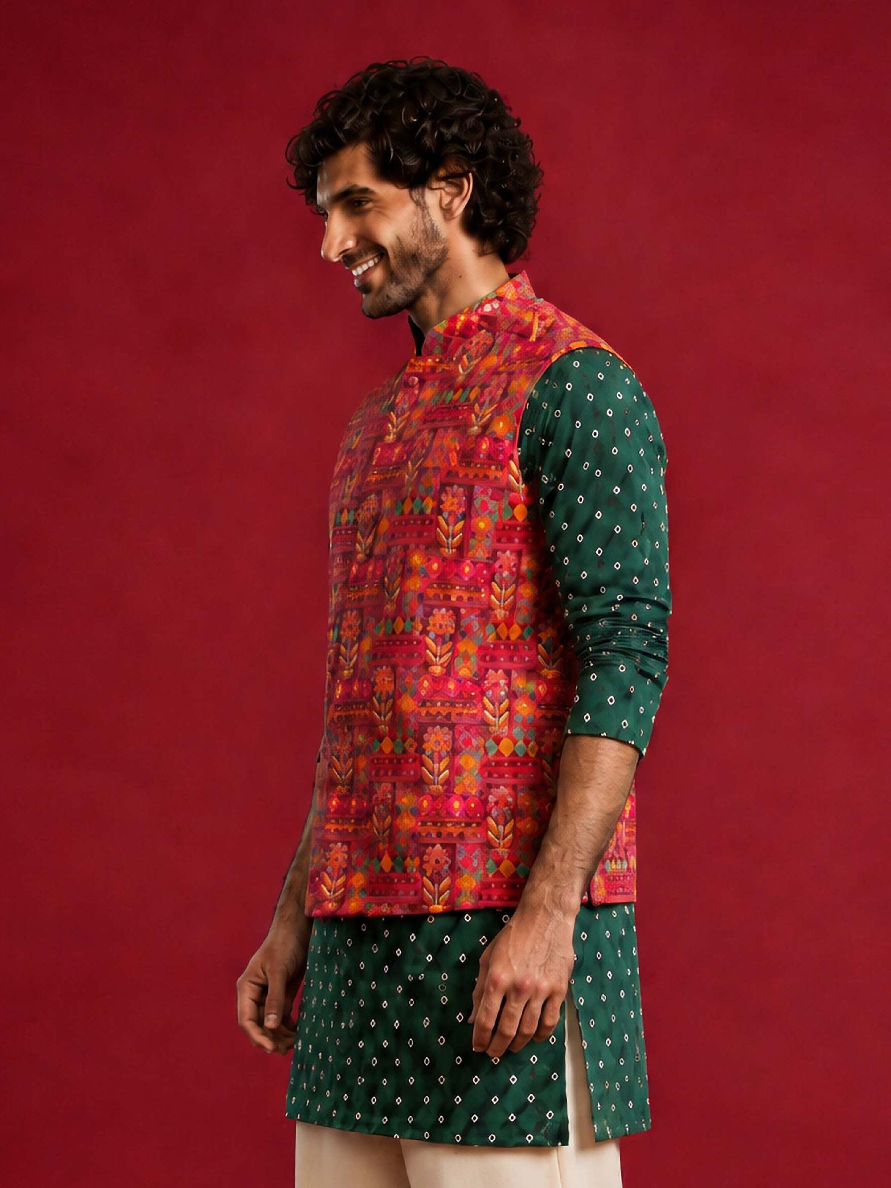 Men's Red Silk-Blend Embroidered Waist Length Nehru Jacket