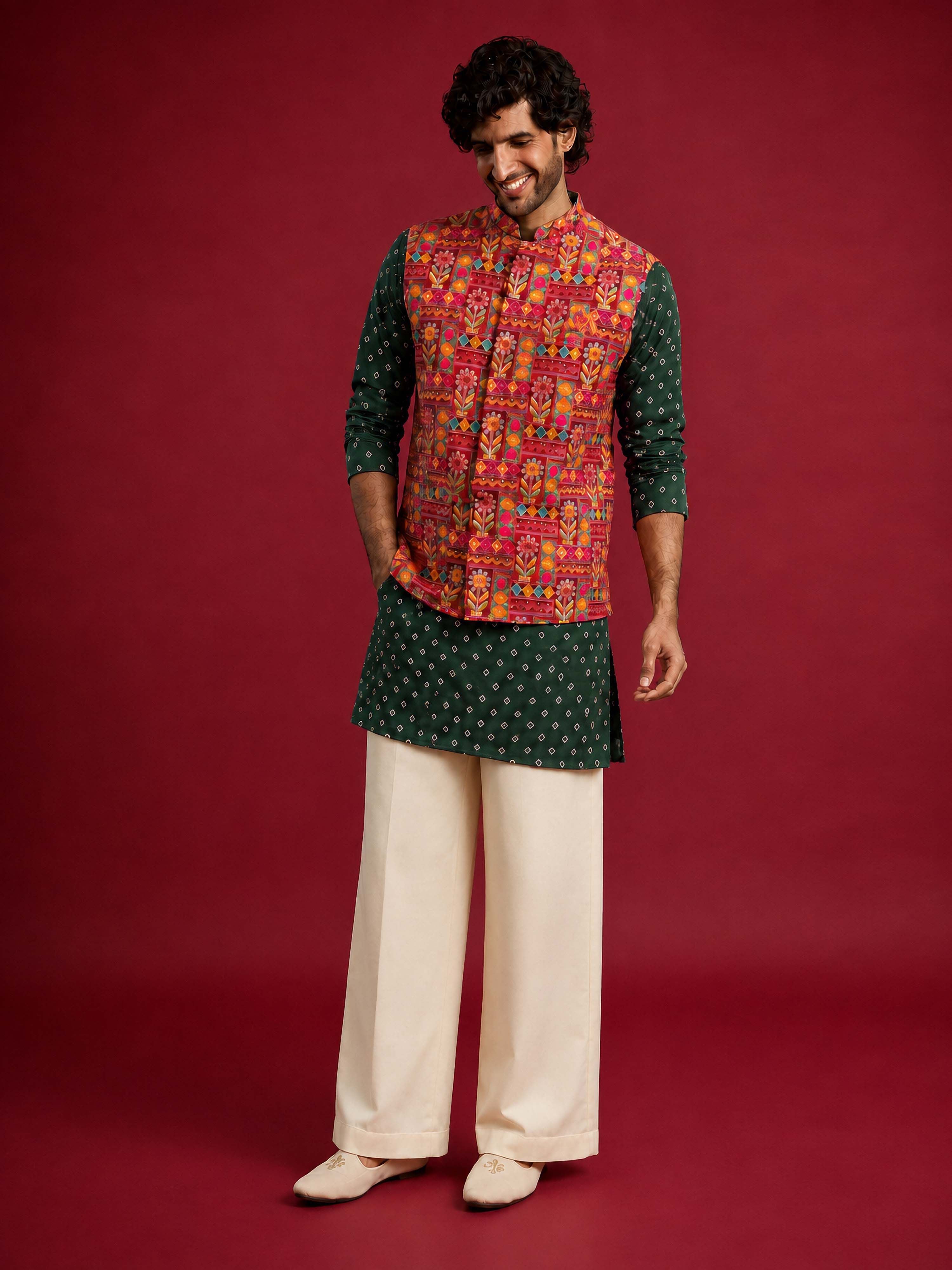 Men's Red Silk-Blend Embroidered Waist Length Nehru Jacket