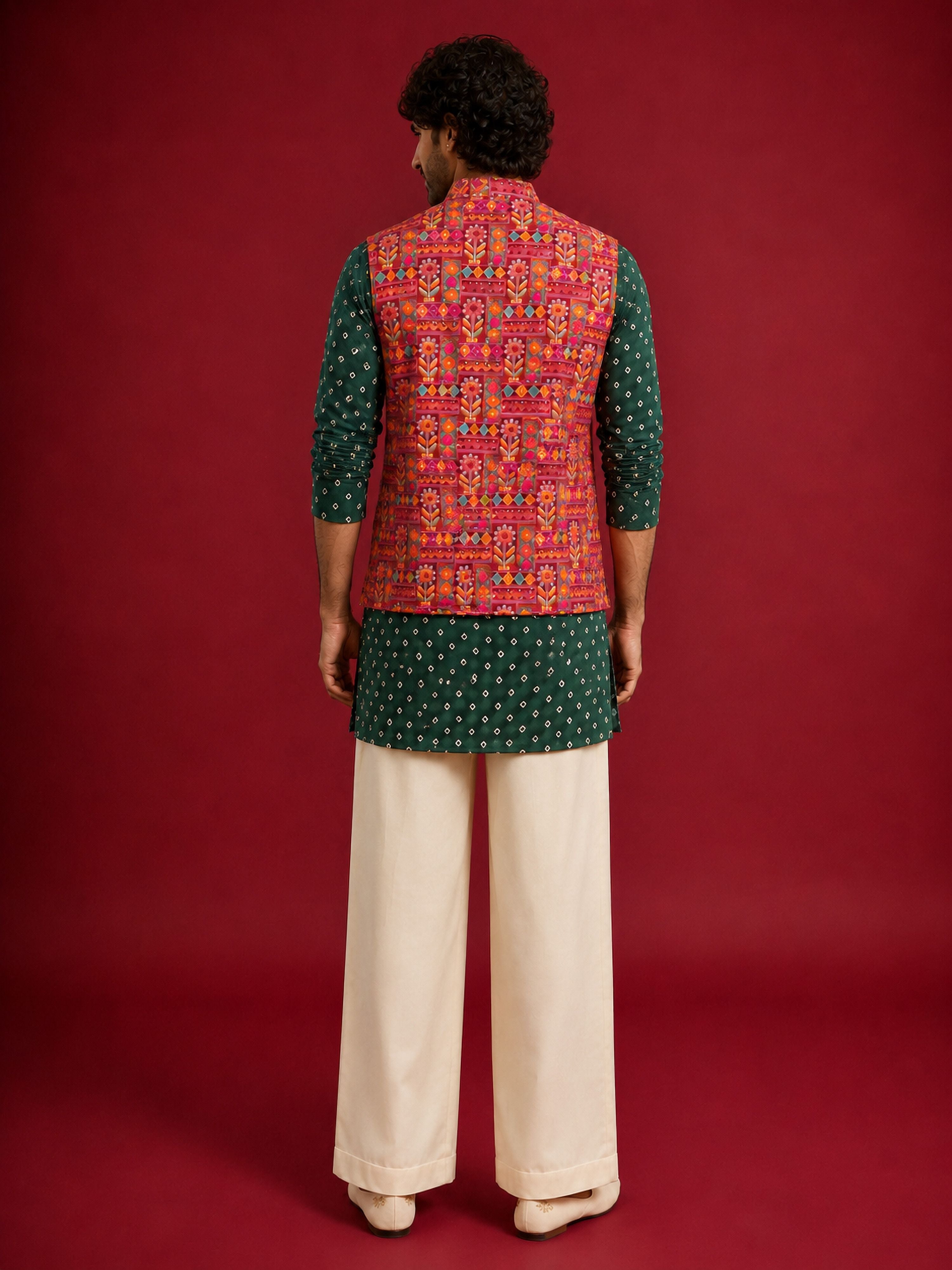 Men's Red Silk-Blend Embroidered Waist Length Nehru Jacket and Kurta with Pyjama