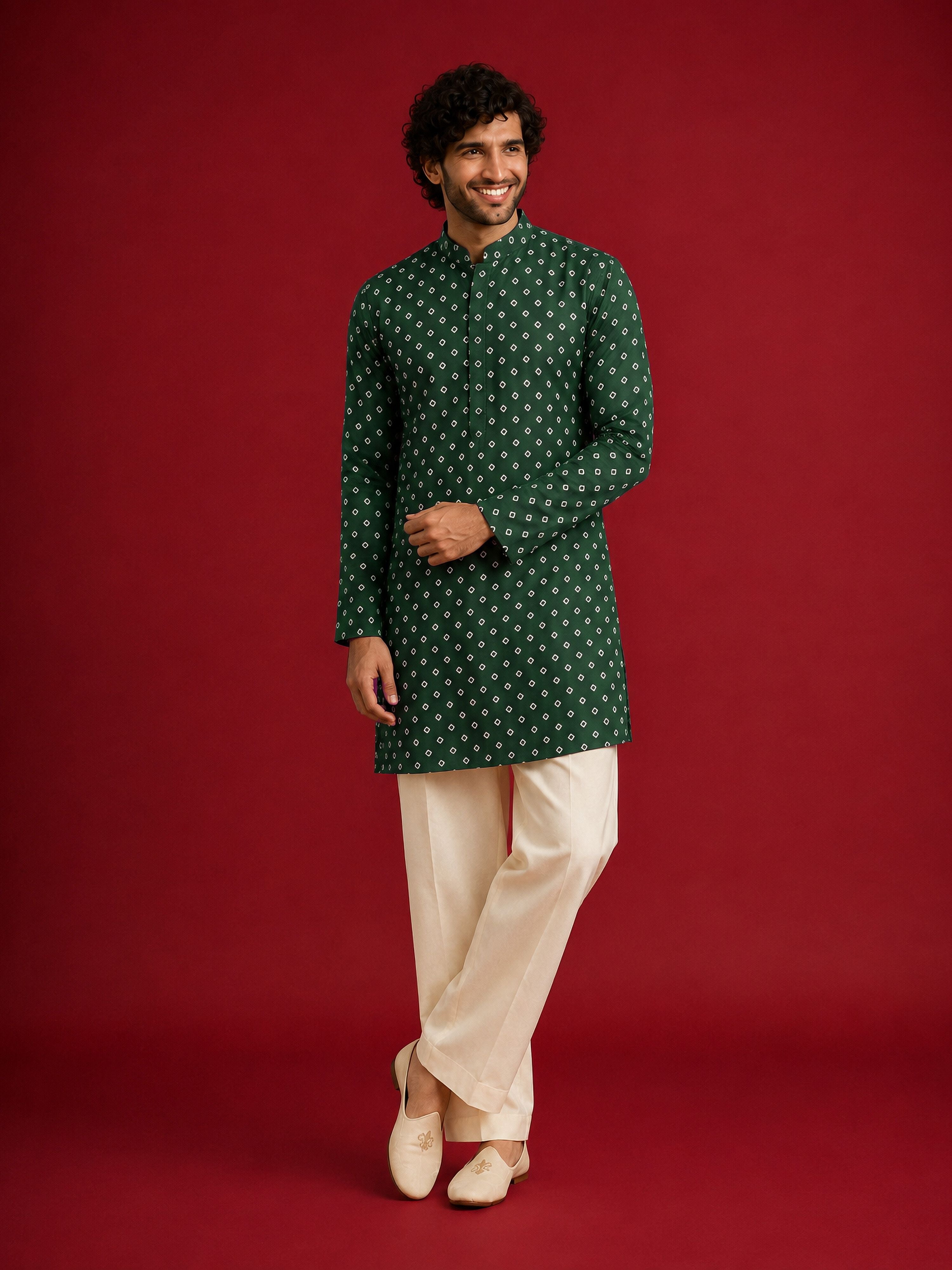 Men's Red Silk-Blend Embroidered Waist Length Nehru Jacket and Kurta with Pyjama
