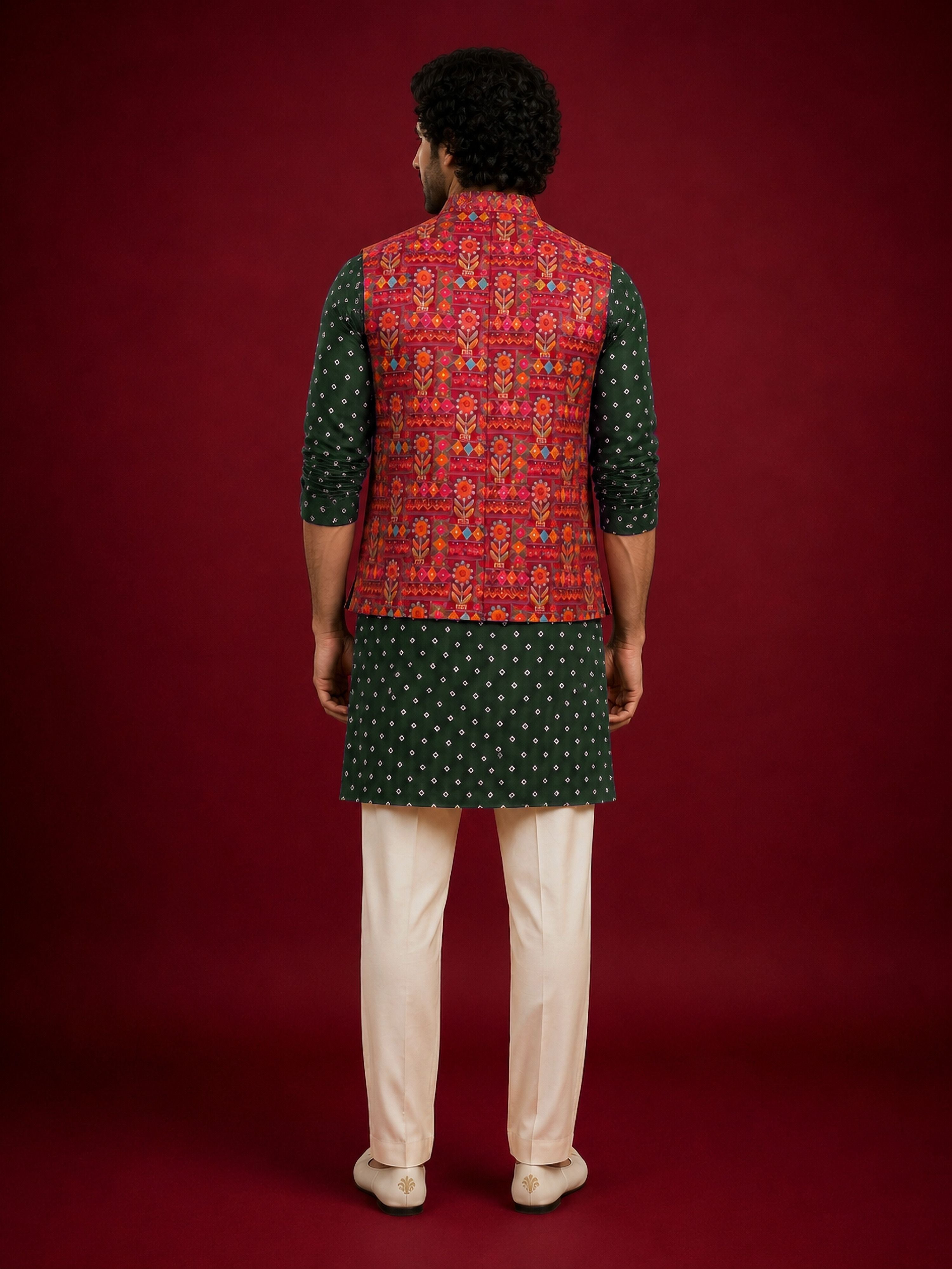 Men's Red Silk-Blend Embroidered Waist Length Nehru Jacket and Kurta with Pyjama