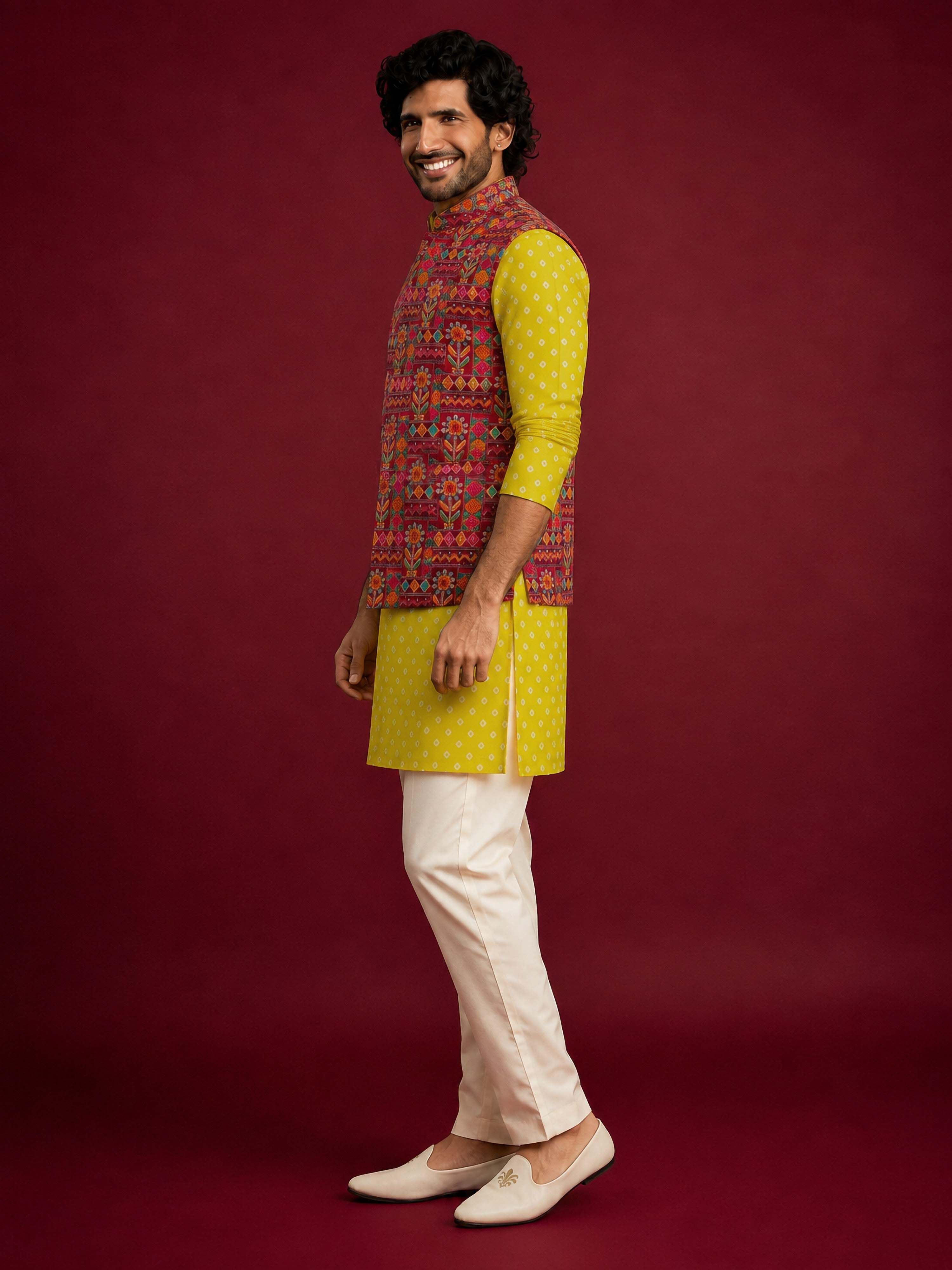 Men's Red Silk-Blend Embroidered Waist Length Nehru Jacket and Kurta with Pyjama