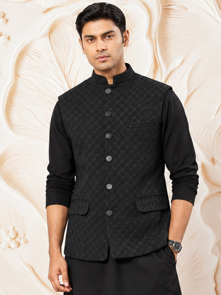 Men Black Imported Suiting Nehru Jacket Wedding, Tailored Fit Treasures, Formal, All regions Ethnic Wear