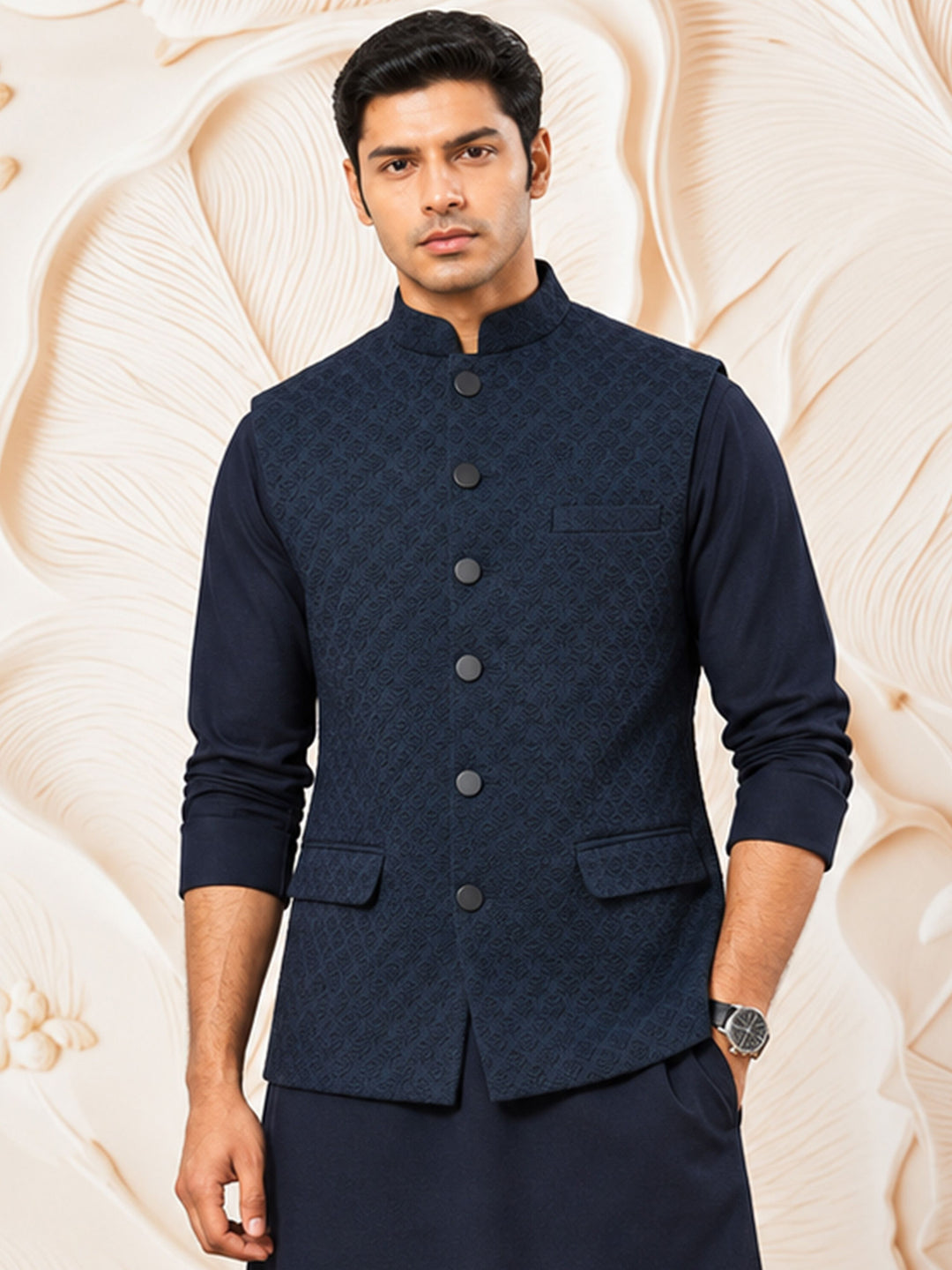 Men Navy Blue Imported Suiting Nehru Jacket Wedding, Tailored Fit Treasures, Formal, All regions Ethnic Wear