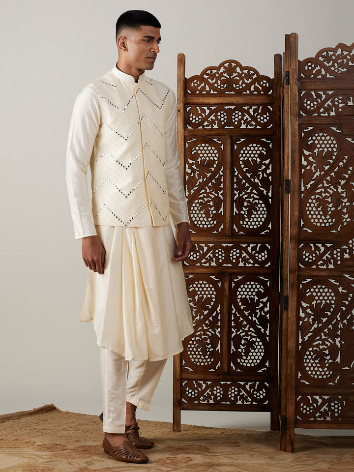 Men Black Mirror Work Nehru Jacket with Cream Viscose Kurta &amp; Pyjama Set