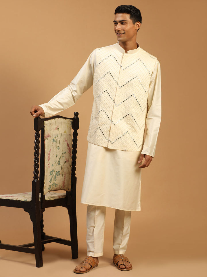 Men Cream Mirror Work Nehru Jacket with Self Design Viscose Kurta &amp; Pyjama Set