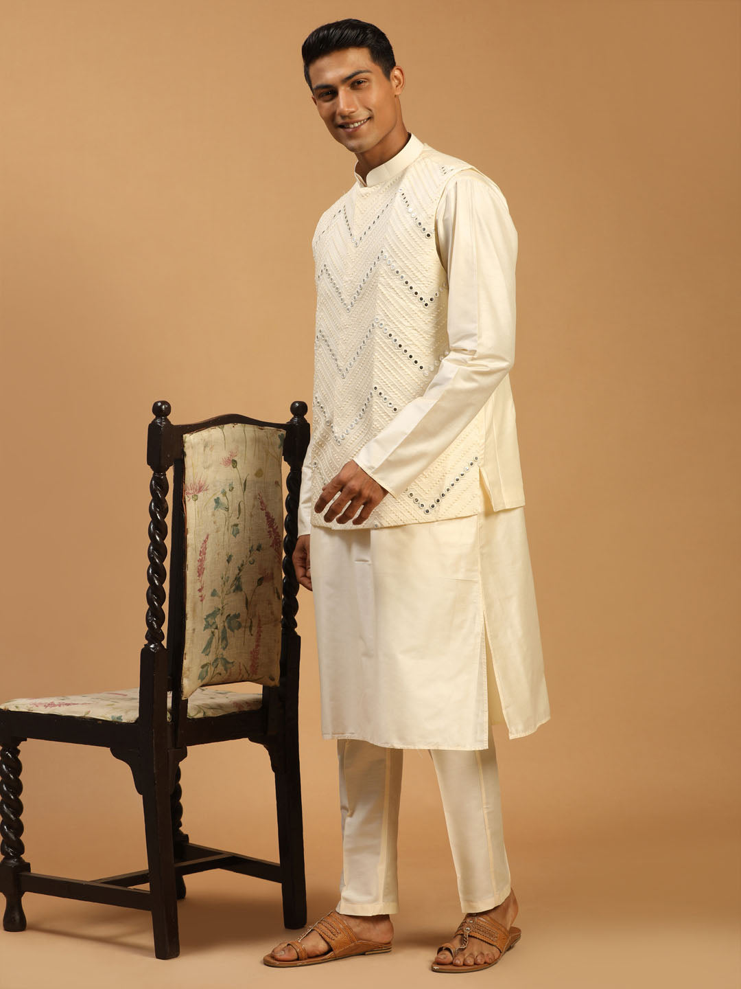 Men Cream Mirror Work Nehru Jacket with Self Design Viscose Kurta &amp; Pyjama Set