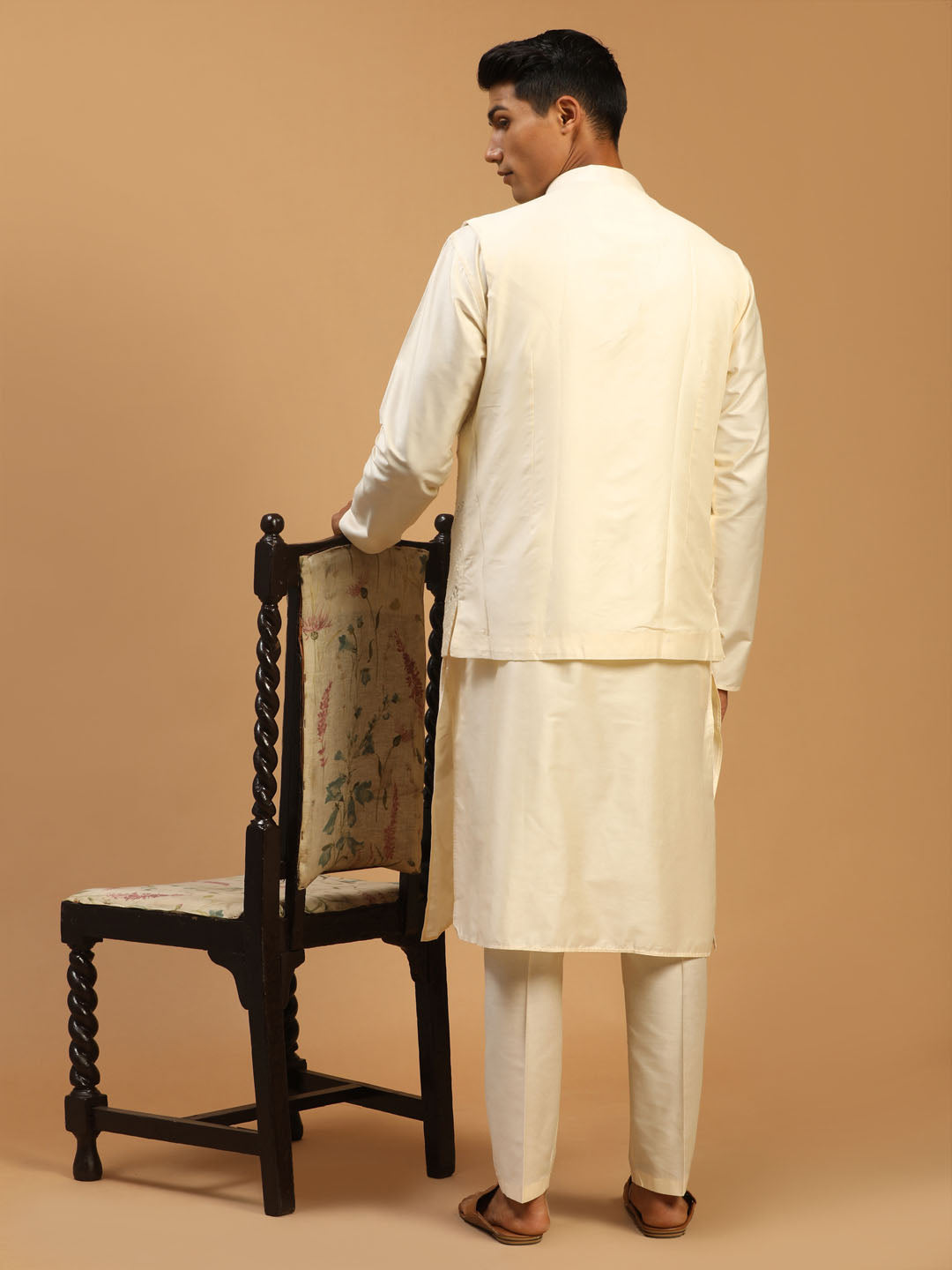 Men Cream Mirror Work Nehru Jacket with Self Design Viscose Kurta &amp; Pyjama Set