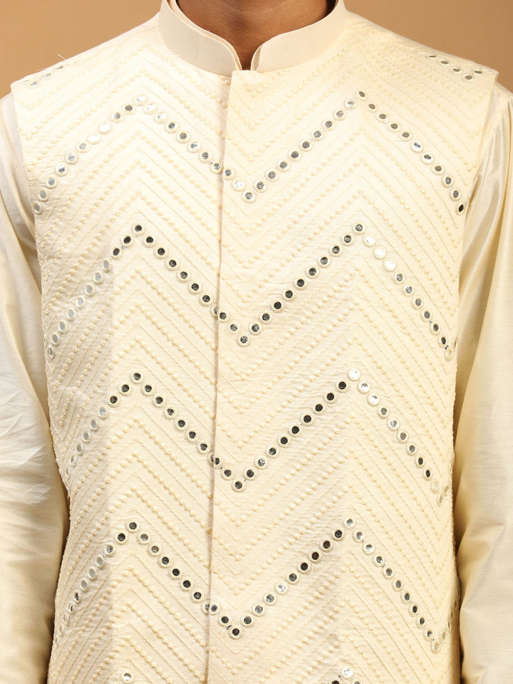 Men Cream Mirror Work Nehru Jacket with Self Design Viscose Kurta &amp; Pyjama Set