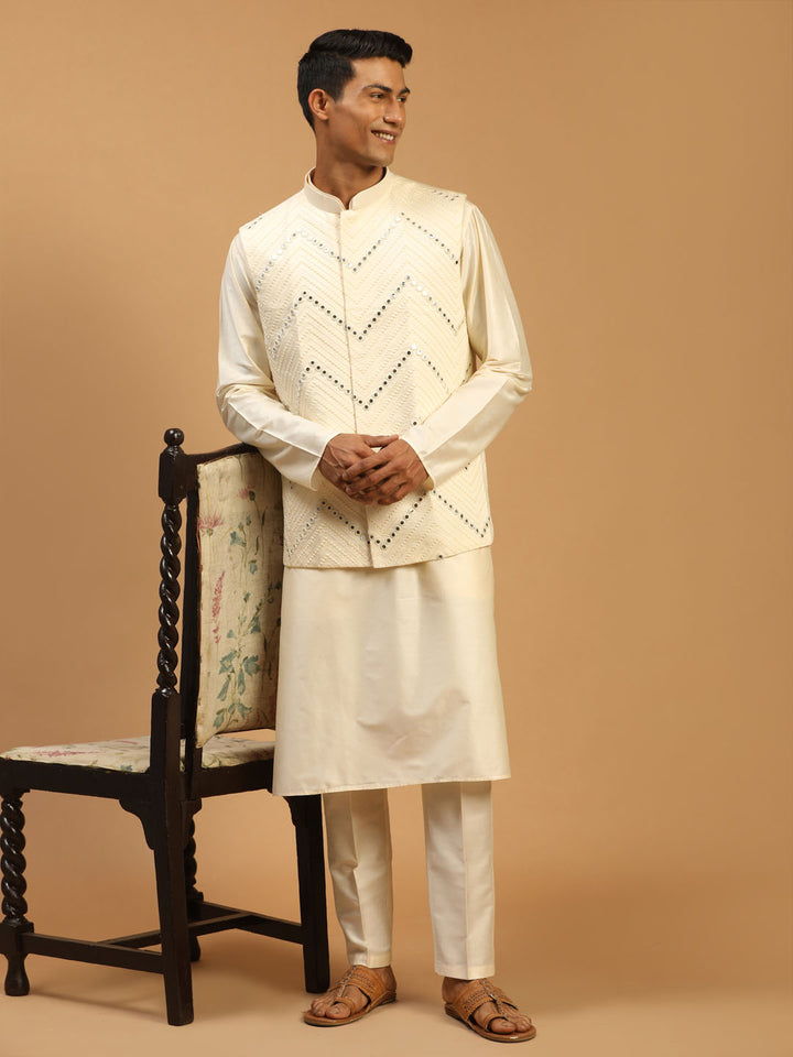 Men Cream Mirror Work Nehru Jacket with Self Design Viscose Kurta &amp; Pyjama Set