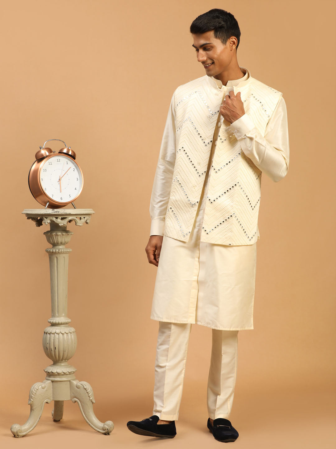 Men Cream Mirror Work Nehru Jacket with Viscose Kurta & Pyjama Set
