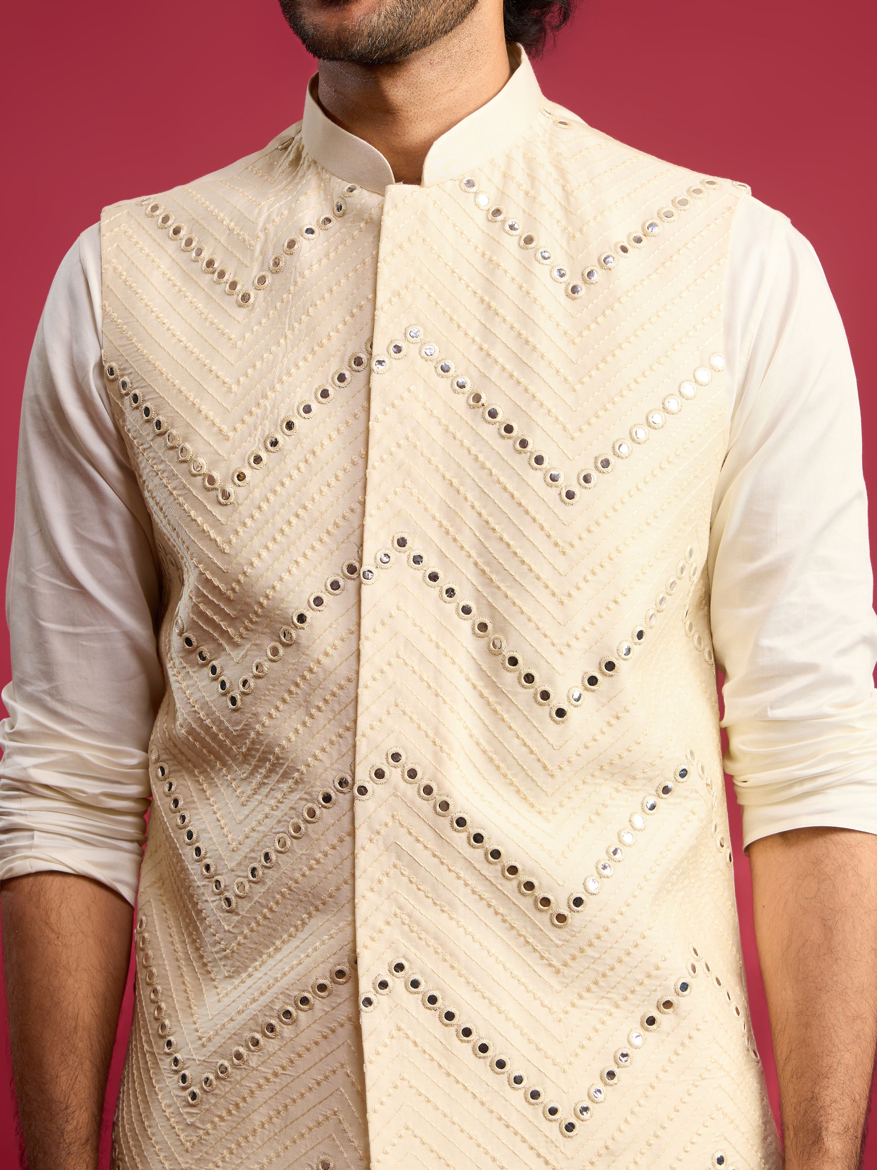 Men Cream Mirror Work Nehru Jacket with Fine Satin Kurta & Pant Set