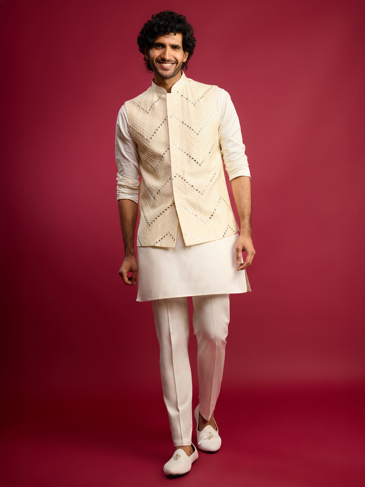 Men Cream Mirror Work Nehru Jacket with Fine Satin Kurta &amp; Pant Set