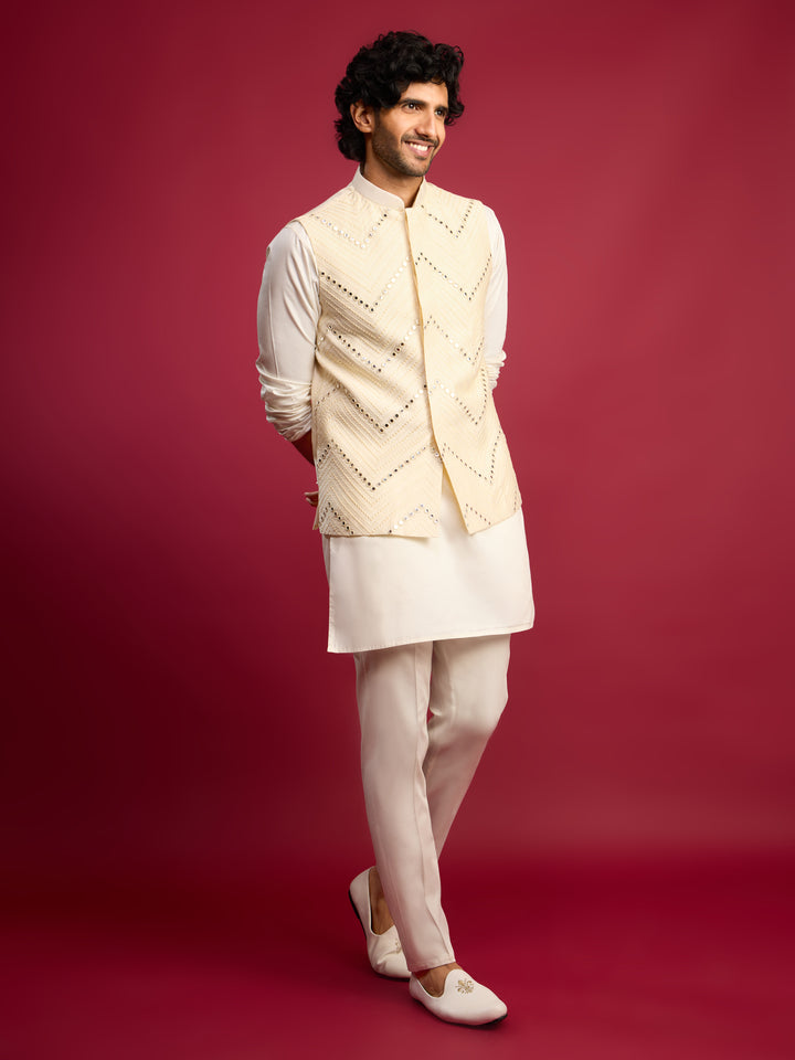 Men Cream Mirror Work Nehru Jacket with Fine Satin Kurta &amp; Pant Set