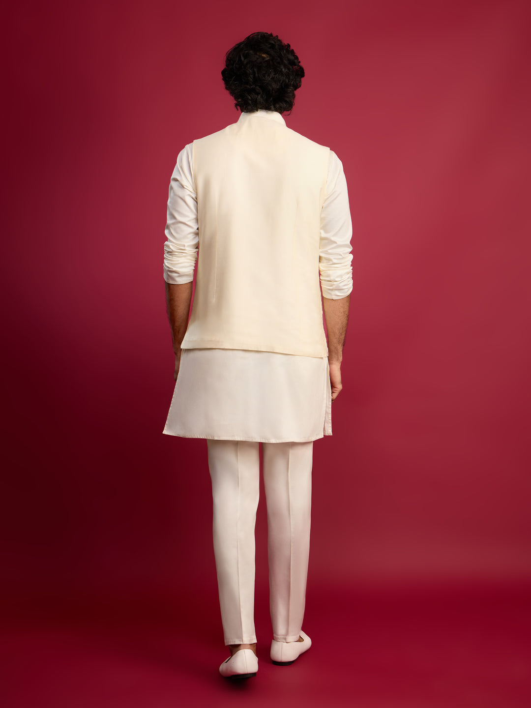 Men Cream Mirror Work Nehru Jacket with Fine Satin Kurta &amp; Pant Set