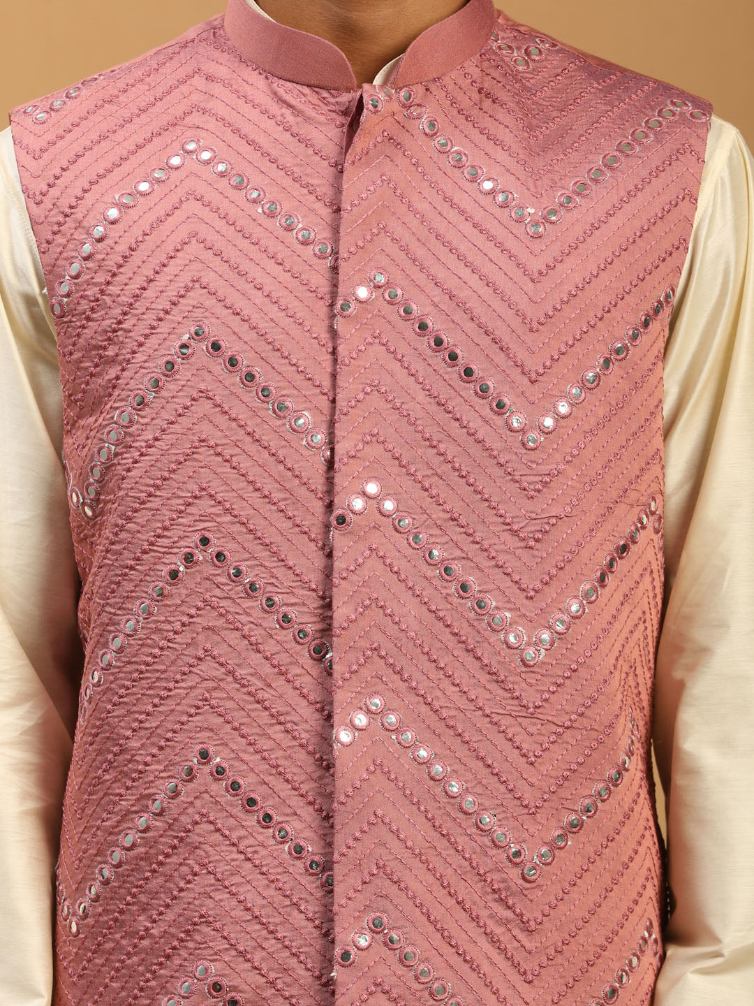 Men Cream Mirror Work Nehru Jacket with Viscose Kurta & Pyjama Set