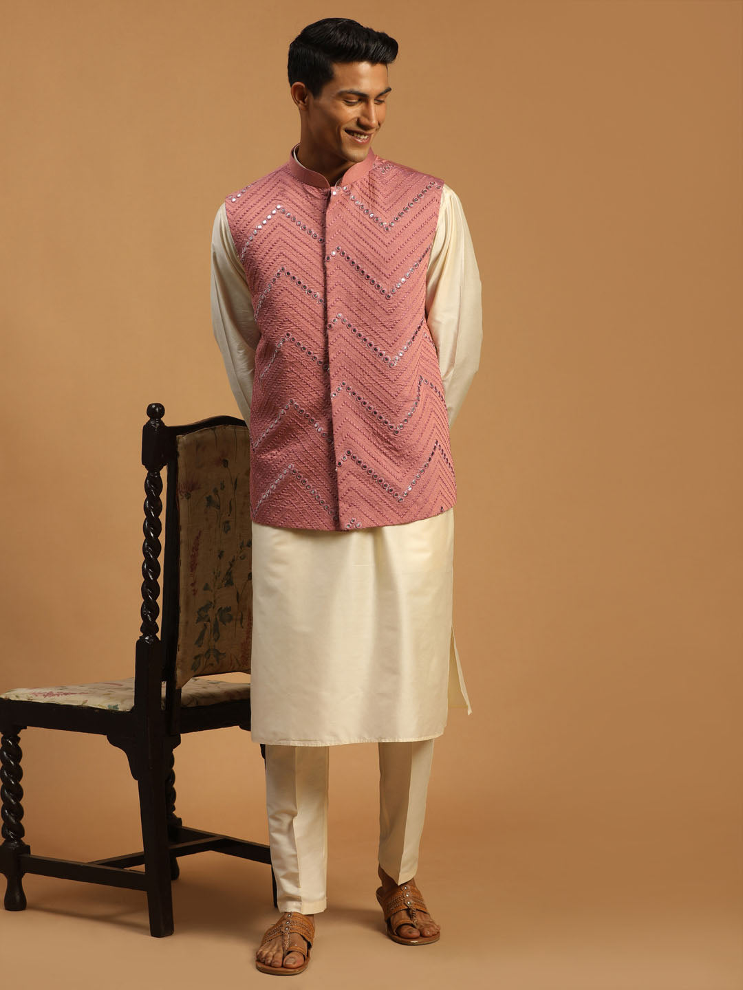Men Cream Mirror Work Nehru Jacket with Viscose Kurta & Pyjama Set
